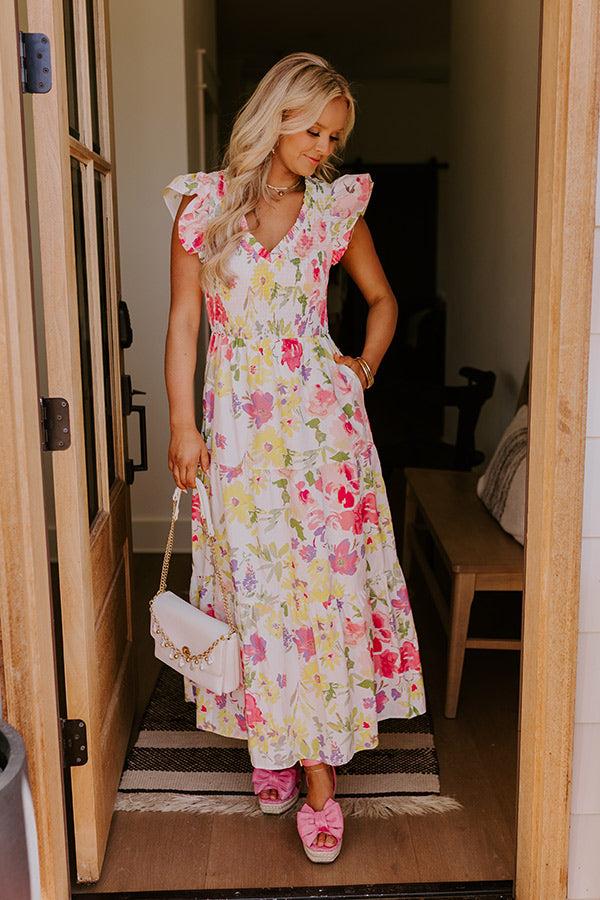 Gleaming Smile Floral Smocked Midi Dress in Blush Product Image