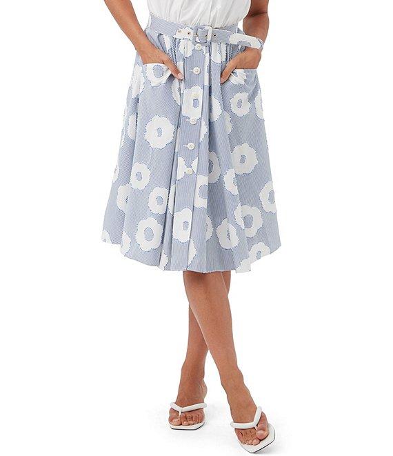 Trina Turk Mardi Cotton Blend Stripe Floral Print Belted A-Line Skirt Product Image