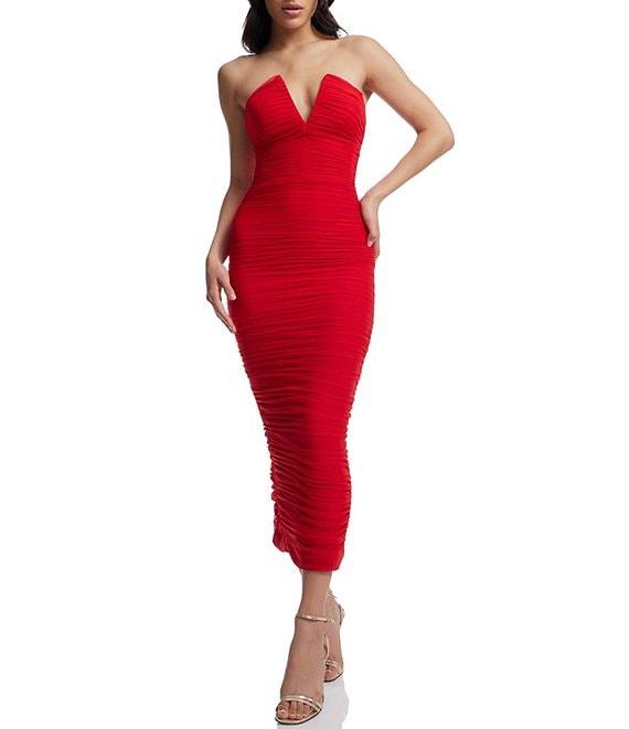 Dress the Population Ferra V-Neck Sleeveless Ruched Midi Bodycon Dress Product Image