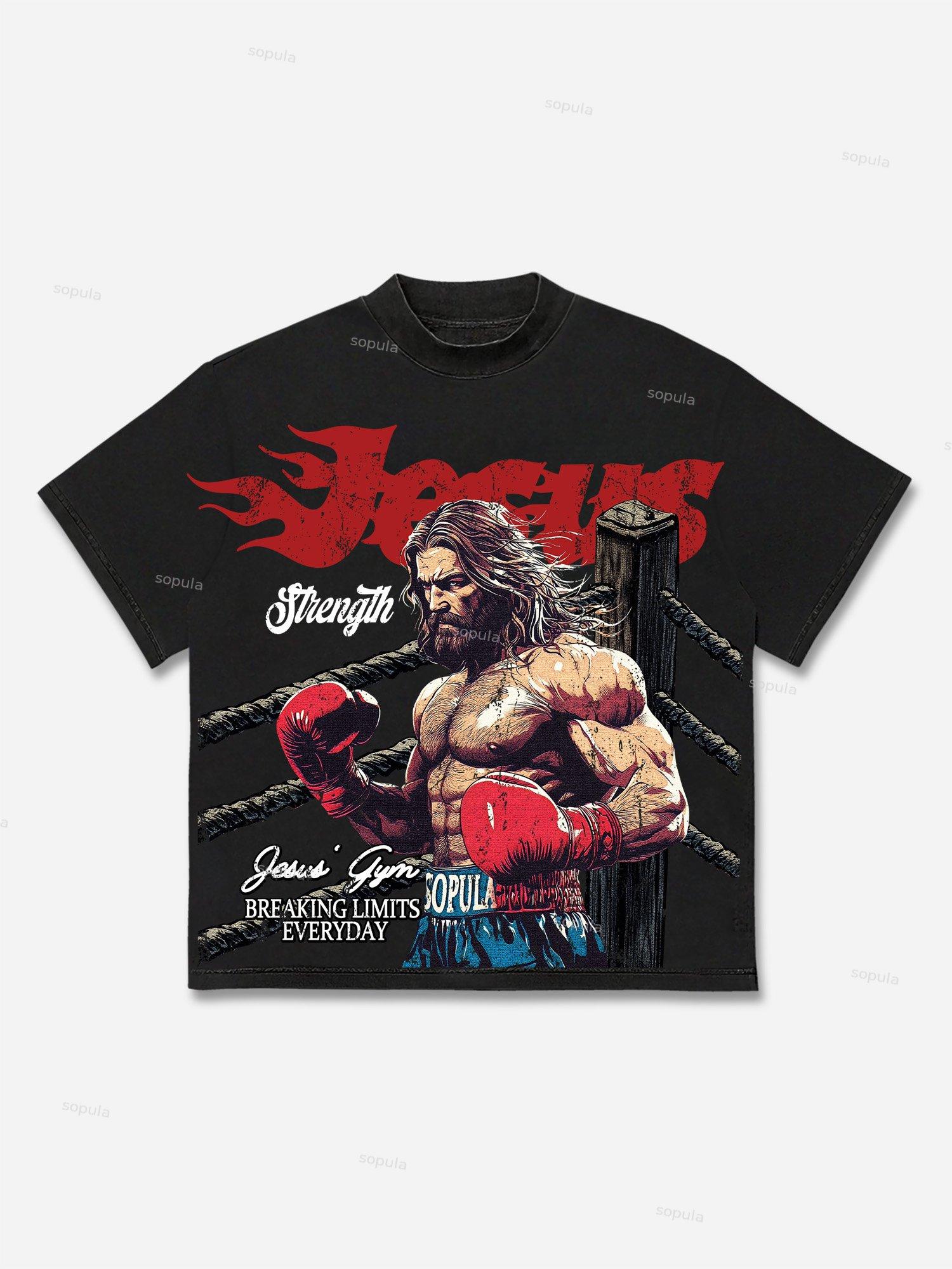 Jesus' Gym Boxer Graphic Print Cotton T-shirt Product Image
