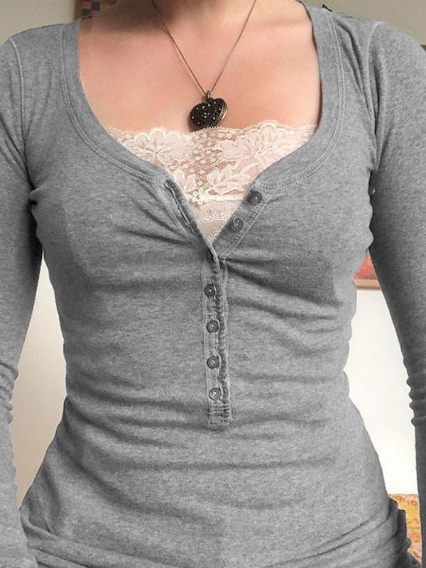 Patchwork Lace Buttoned Long Sleeve Tee Product Image