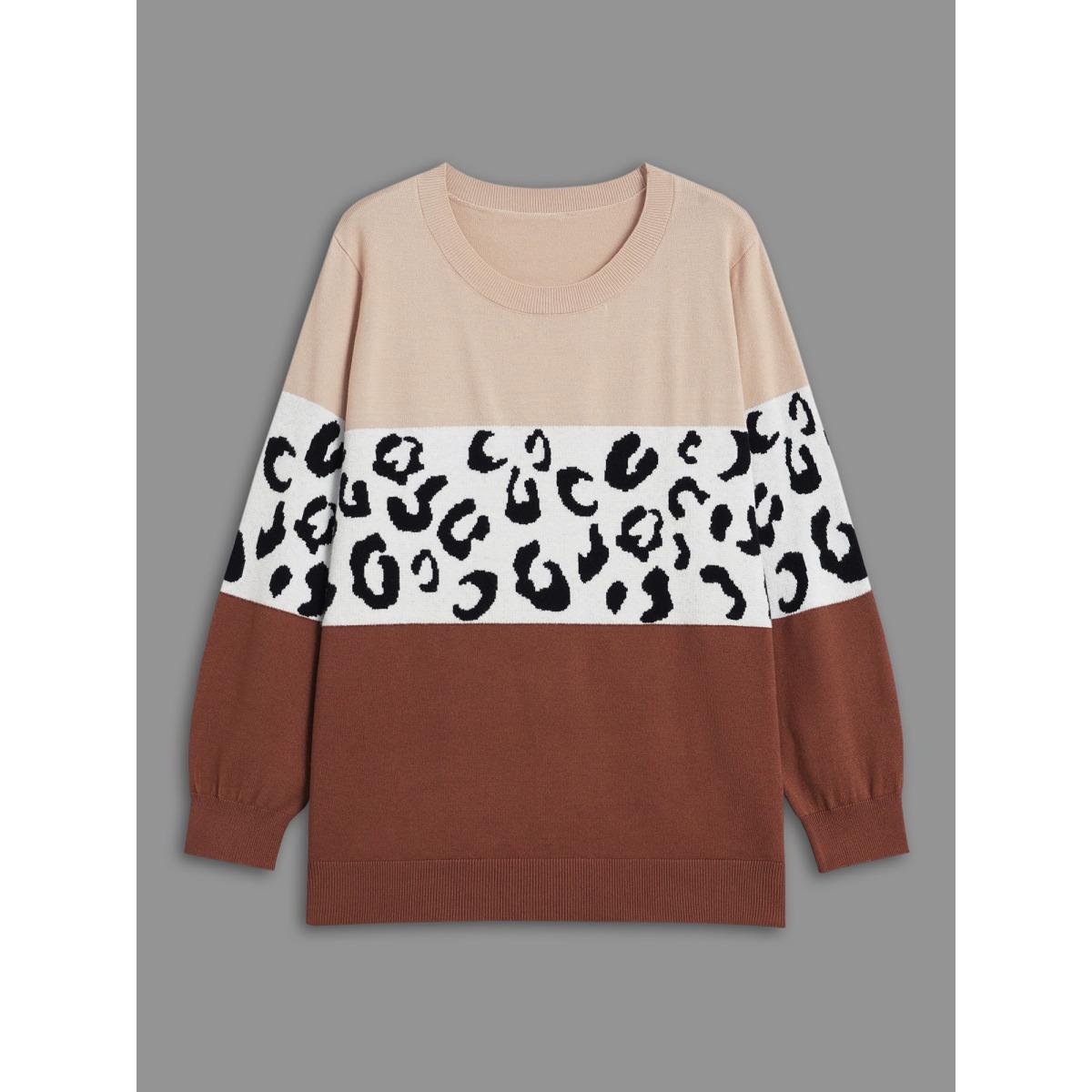 Plus Size Crew Neck Leopard Print Contrast Pullover Browncoffeecolor Women Casual Loose Long Sleeve Round Neck Everyday Pullovers BloomChic 28/5X Product Image
