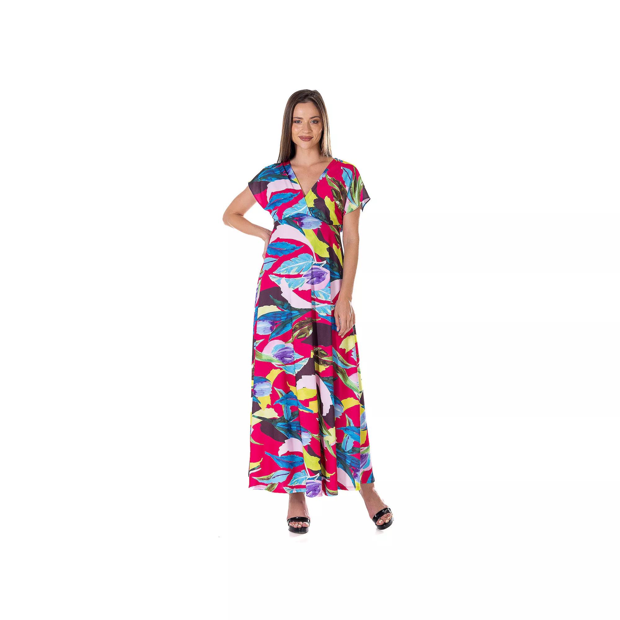 Women's 24Seven Comfort Apparel V Neck Empire Waist Kimono Cap Sleeve Maxi Dress,  Product Image