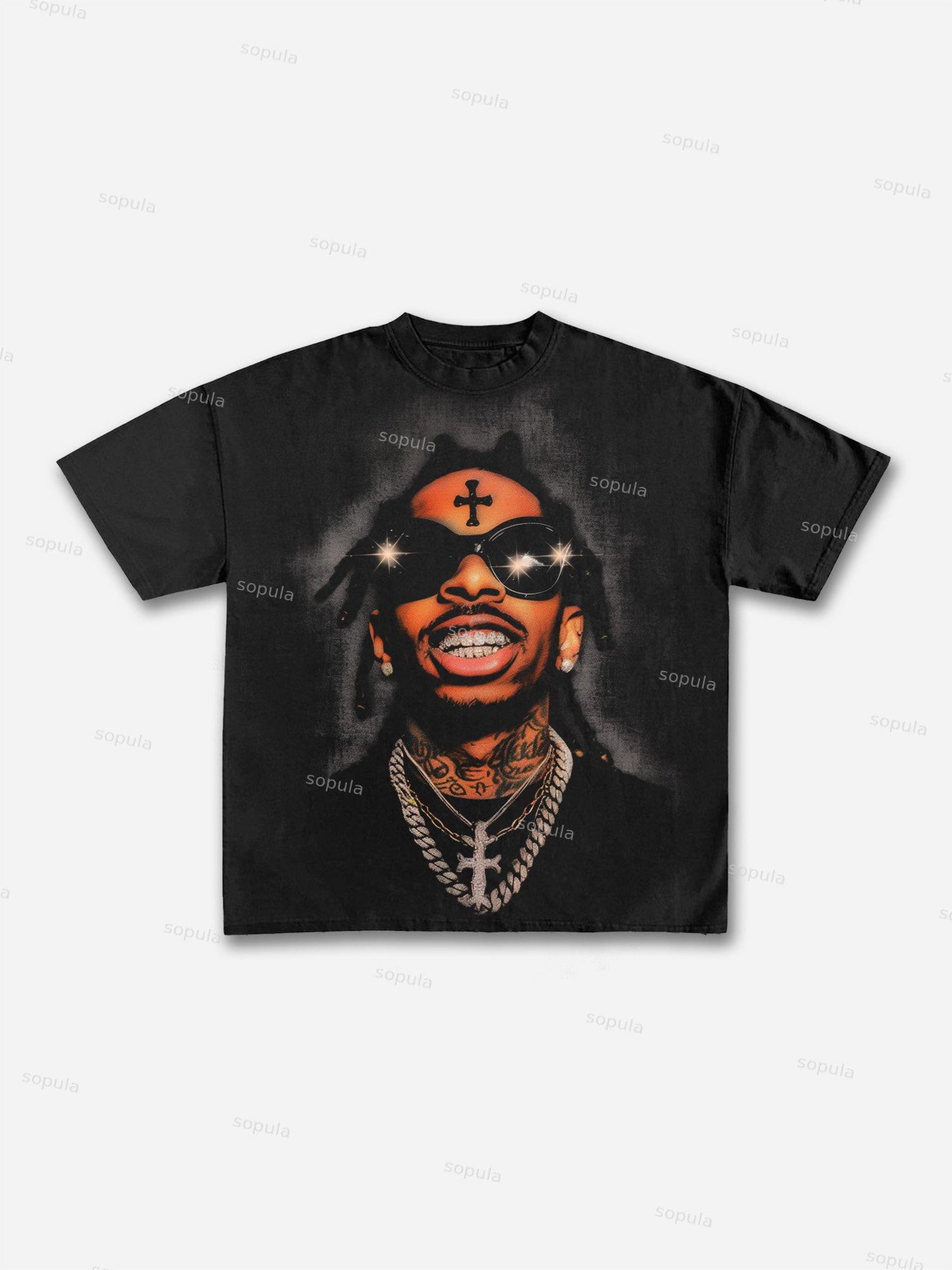 Men's Rich Street Portrait Rap Graphic Cotton T-shirt Product Image