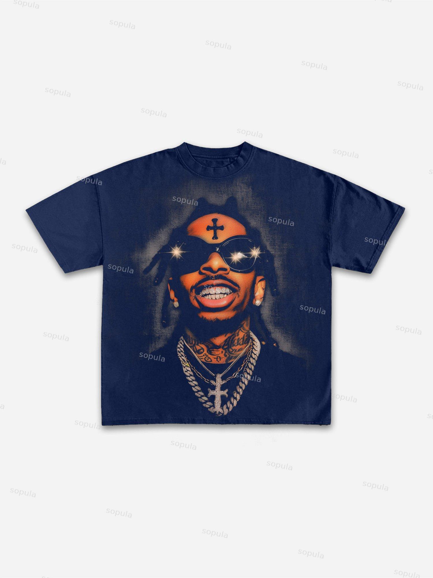 Men's Rich Street Portrait Rap Graphic Cotton T-shirt Product Image
