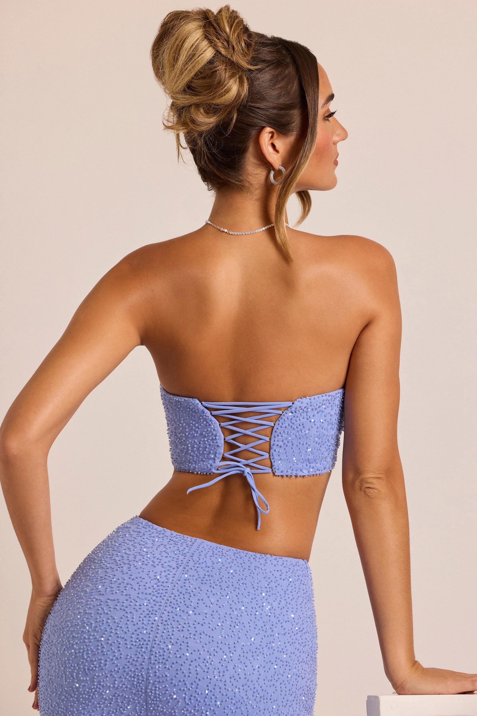Embellished Strapless Corset Top in Powder Blue Product Image