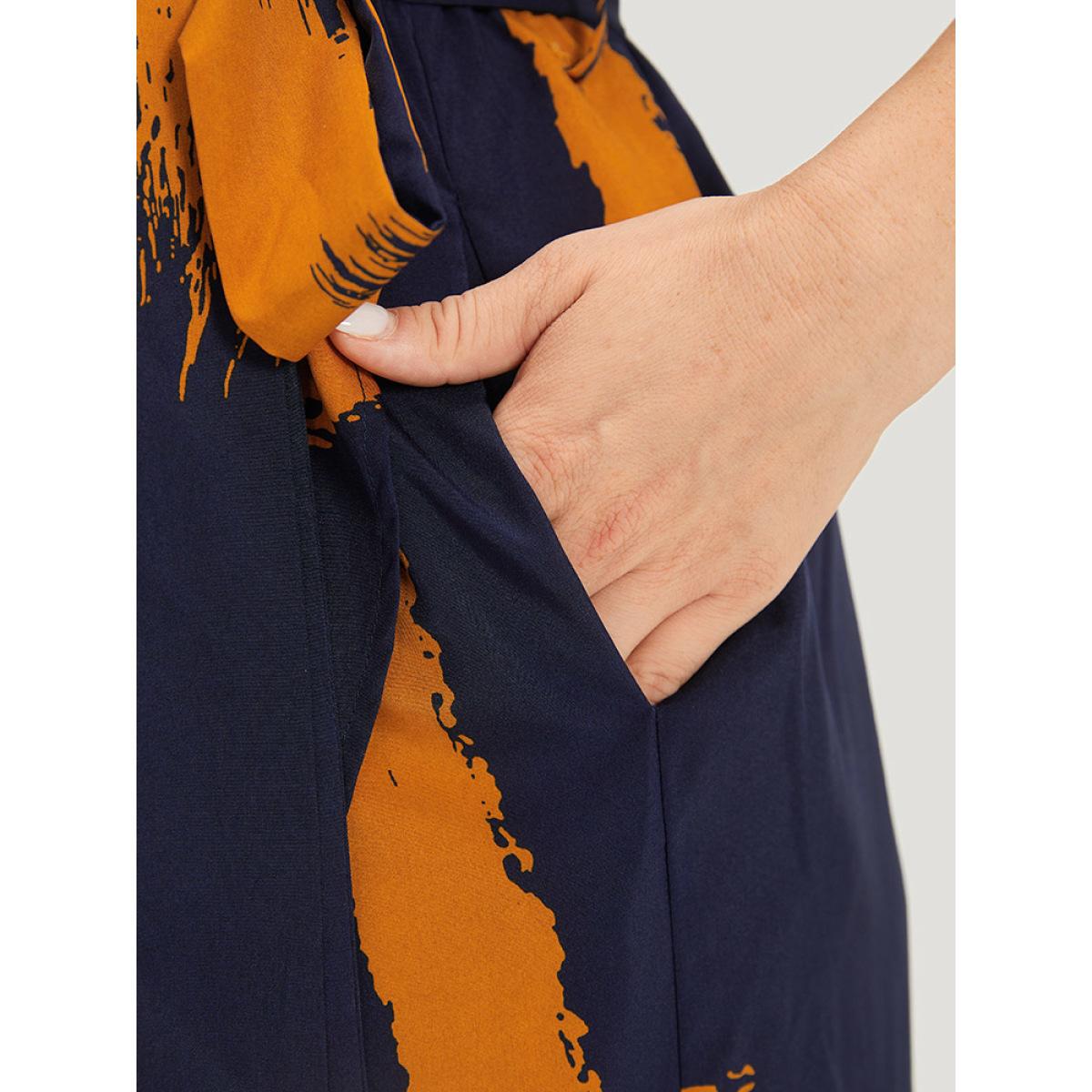 Plus Size Brush Print V Neck Pocket Wrap Hem Belted Dress DarkBlue Women Elegant Wrap V-neck Short sleeve Curvy Short Dress BloomChic 14-16/1X Product Image