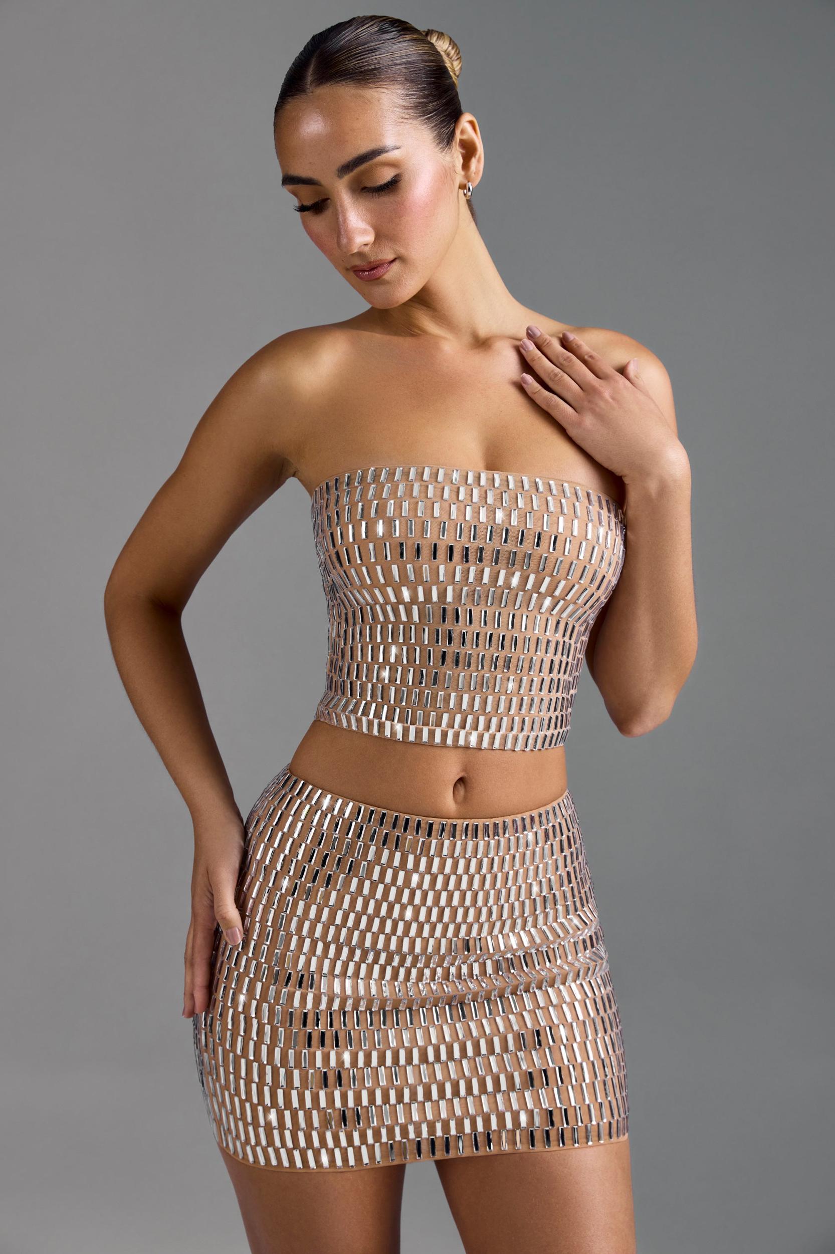 Embellished Low-Rise Micro Mini Skirt in Almond Product Image