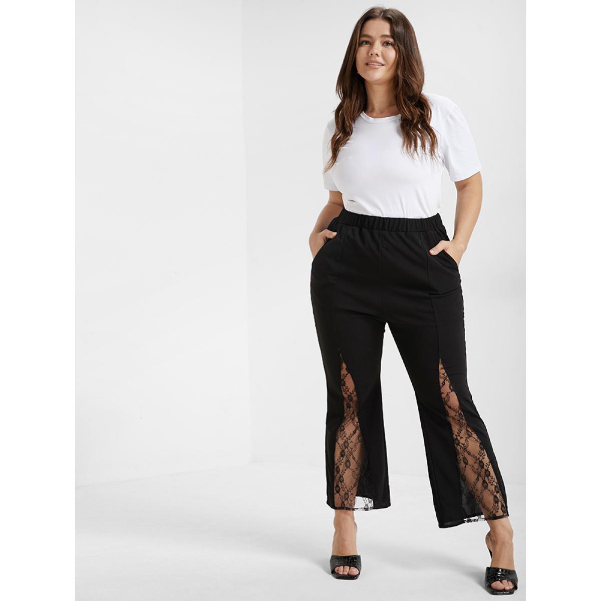 Plus Size Solid Pocket Contrast Lace Panel Pants Women Black Glamour High Rise Going out Pants BloomChic 14/1X Product Image