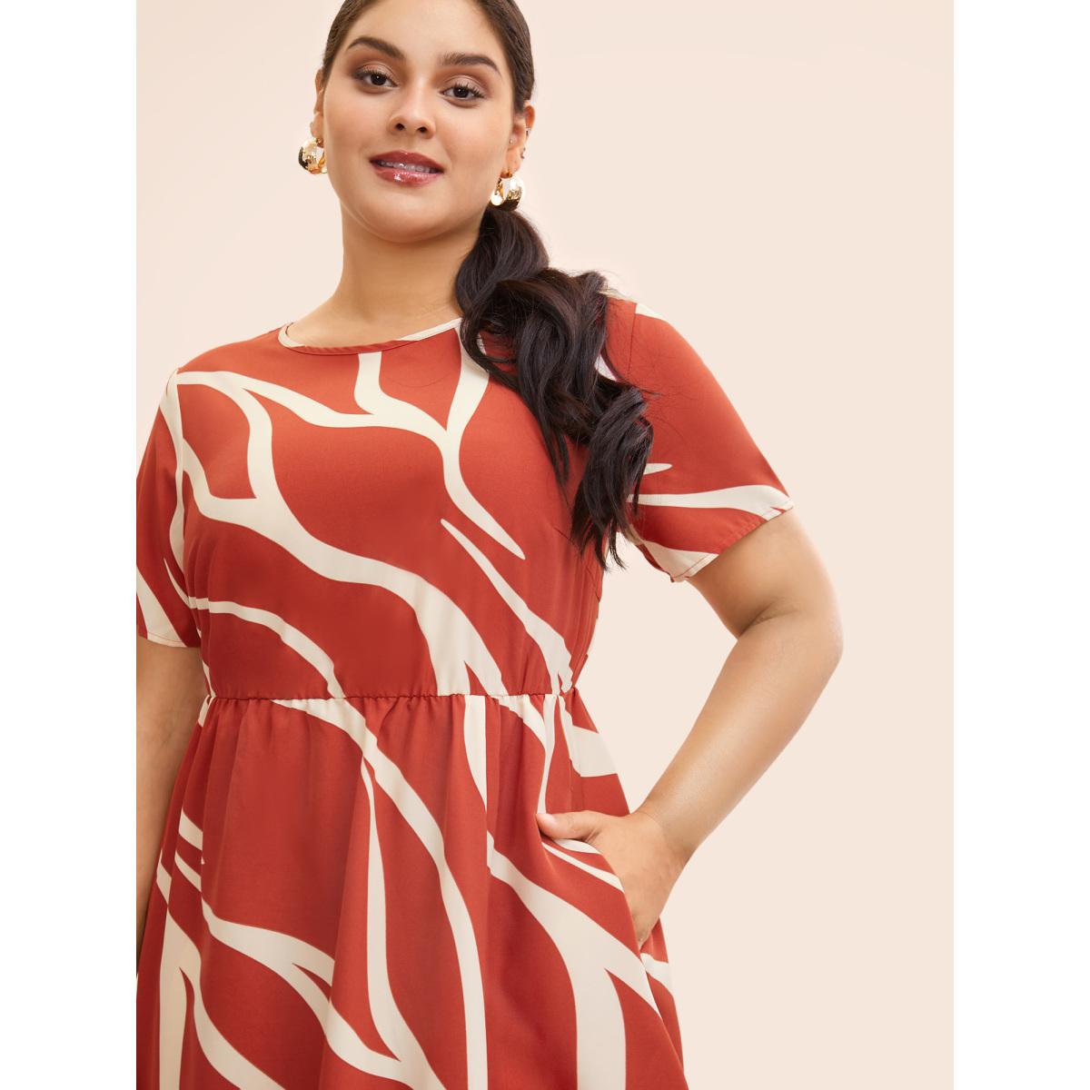 Plus Size Geometric Split Hem Midi Dress OrangeRed Women Workwear Essentials Non Round Neck Short sleeve Curvy BloomChic 30/6X Product Image