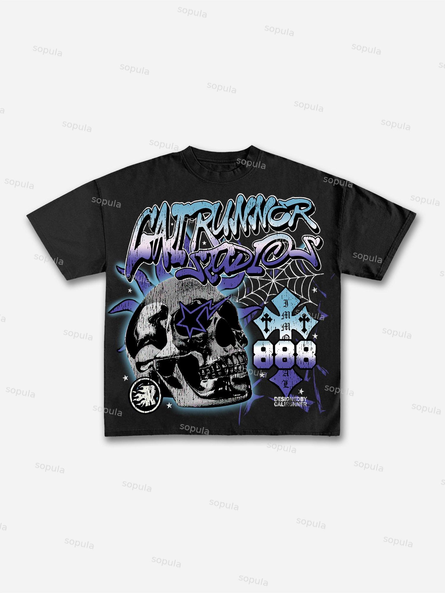 Mens Flame Abstract Skull Graphic Cotton T-Shirt Product Image