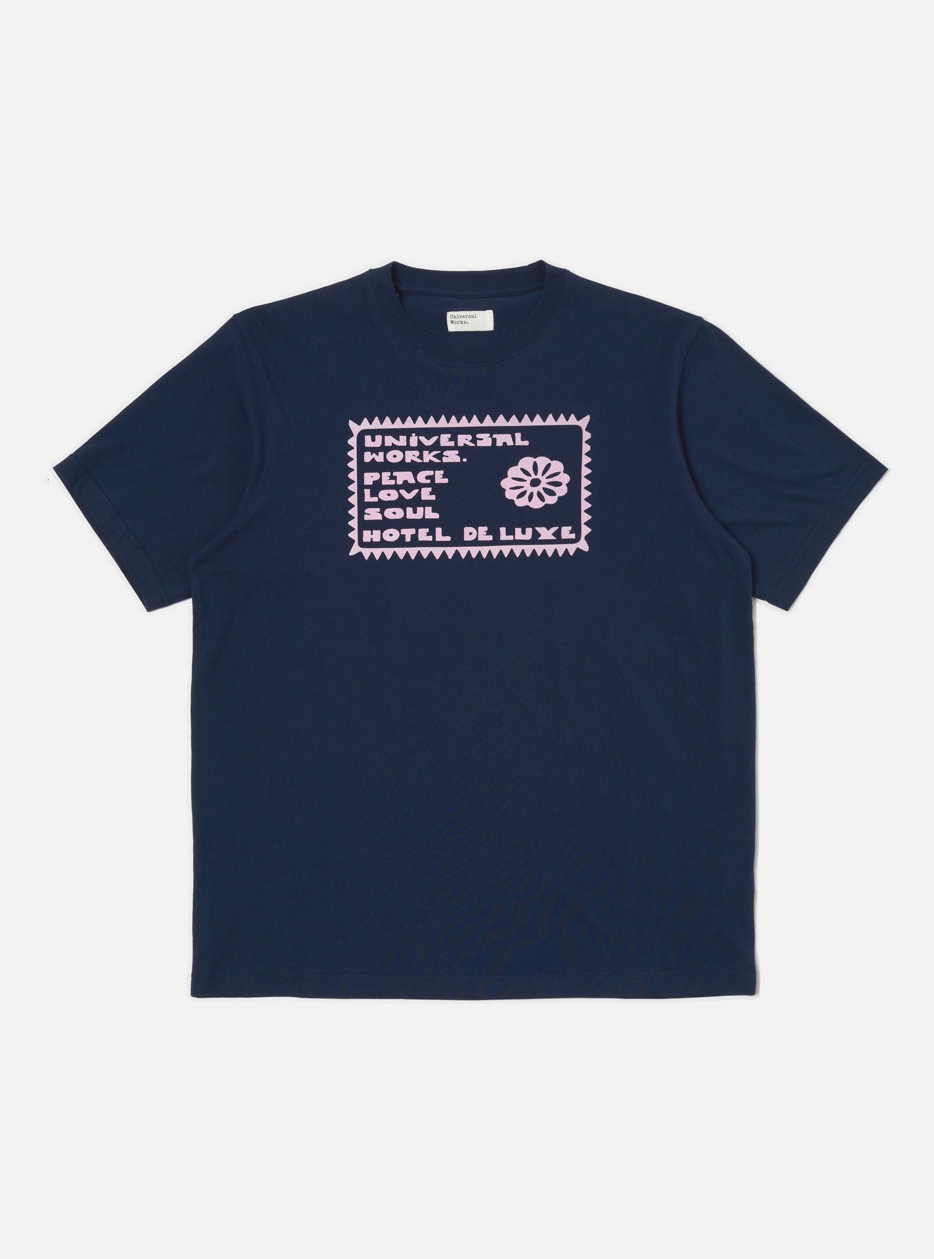 Universal Works Print Tee in Navy/Pink Single Jersey Pickup Product Image