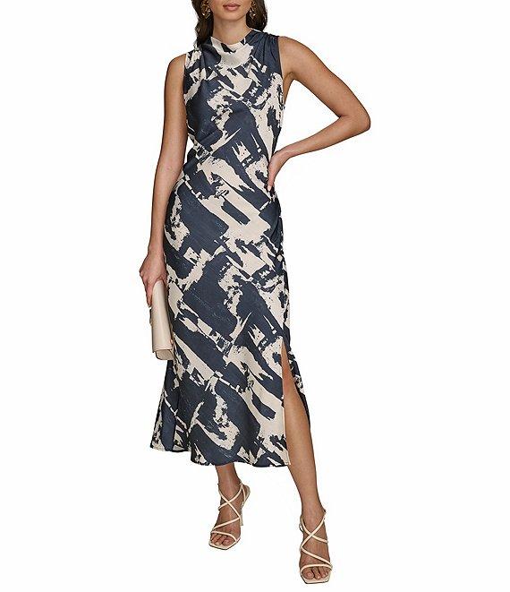 Donna Karan Printed Satin Back Crepe Cowl Neck Sleeveless Side Slit A-Line Midi Dress Product Image