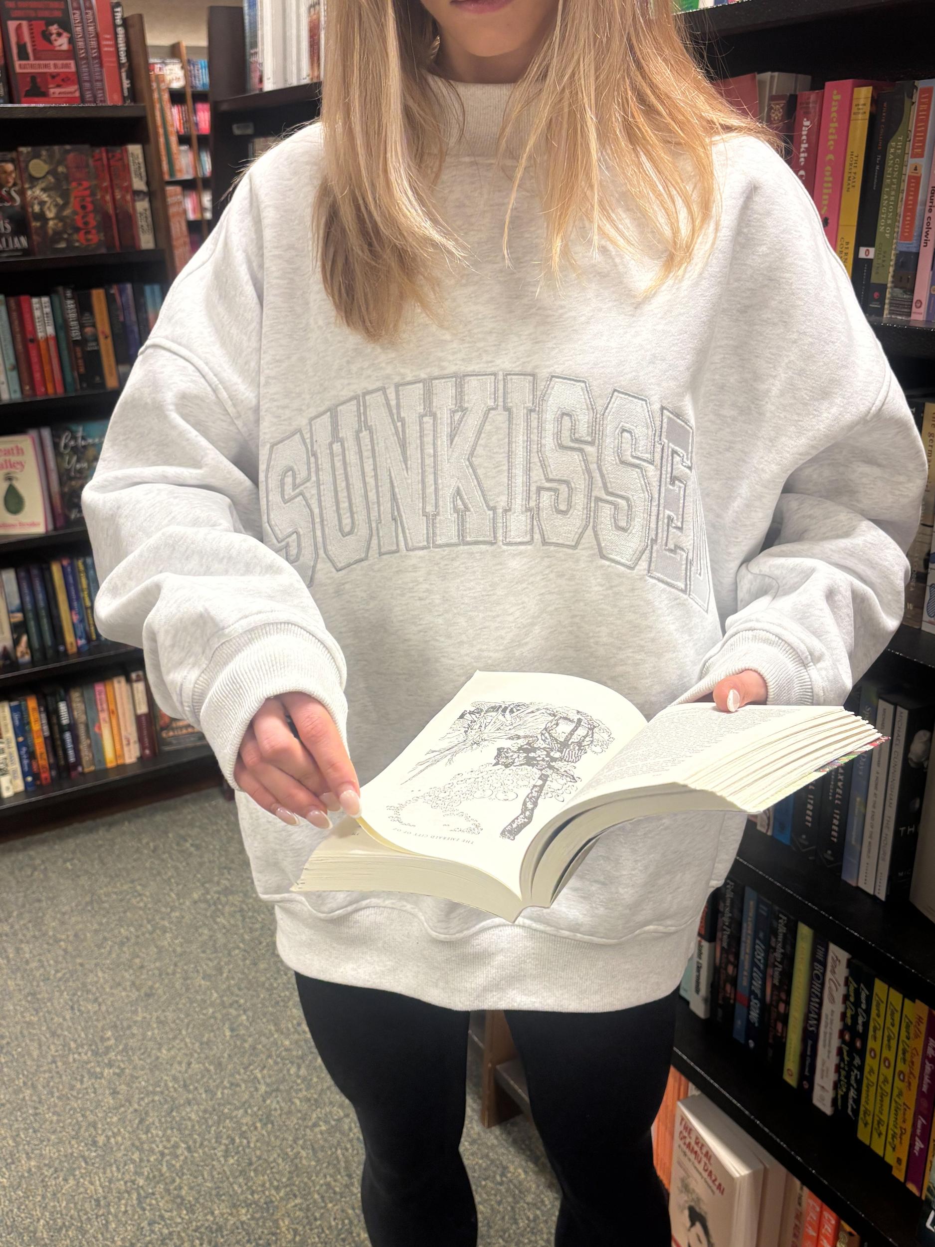 Pearl Grey Mockneck Sunkissed Varsity Embroider Sweatshirt Product Image