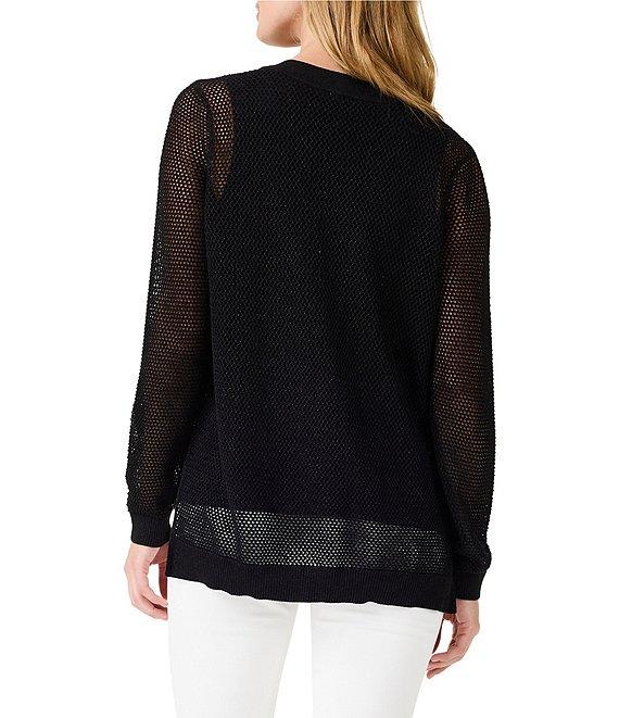 NIC + ZOE Mesh Stitch Metallic V-Neck Long Sleeve High-Low Hem Side Slit Sweater Product Image