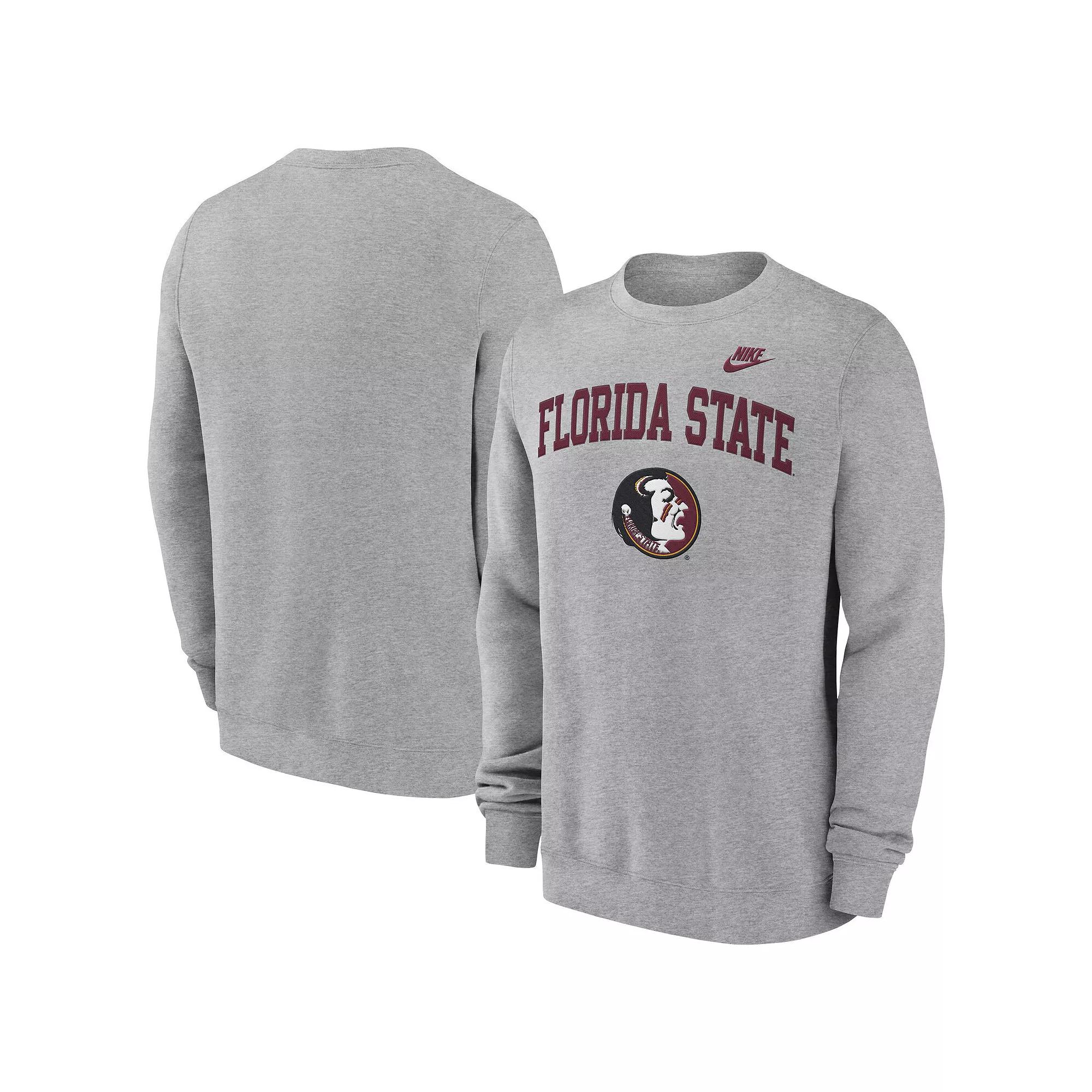 Men's Nike Heather Gray Florida State Seminoles Legacy Classic Tackle Twill Embroidered Arch Over Logo Pullover Sweatshirt,  Product Image