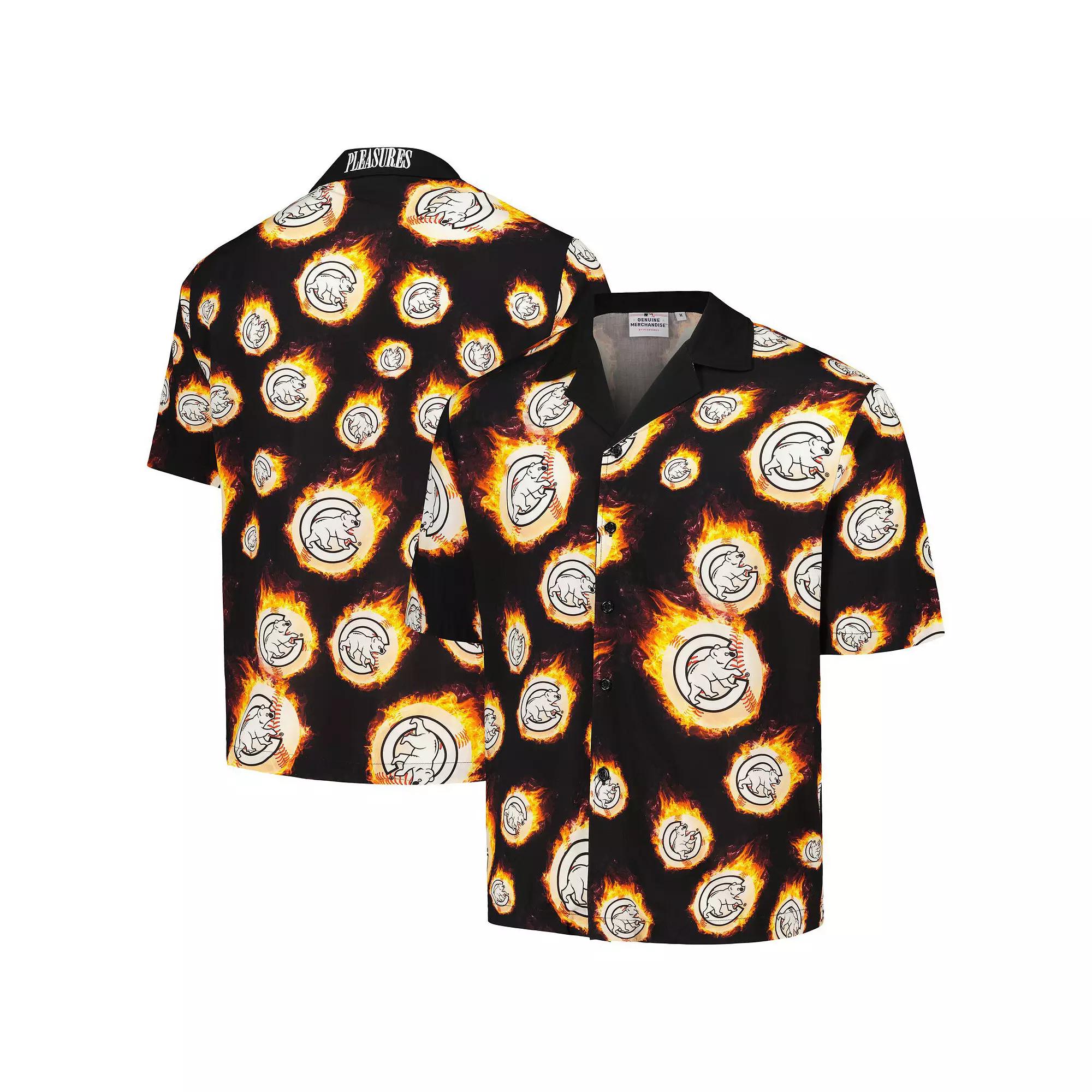 Men's Black Chicago Cubs Flame Fireball Button-Up Shirt, Size: XL Product Image