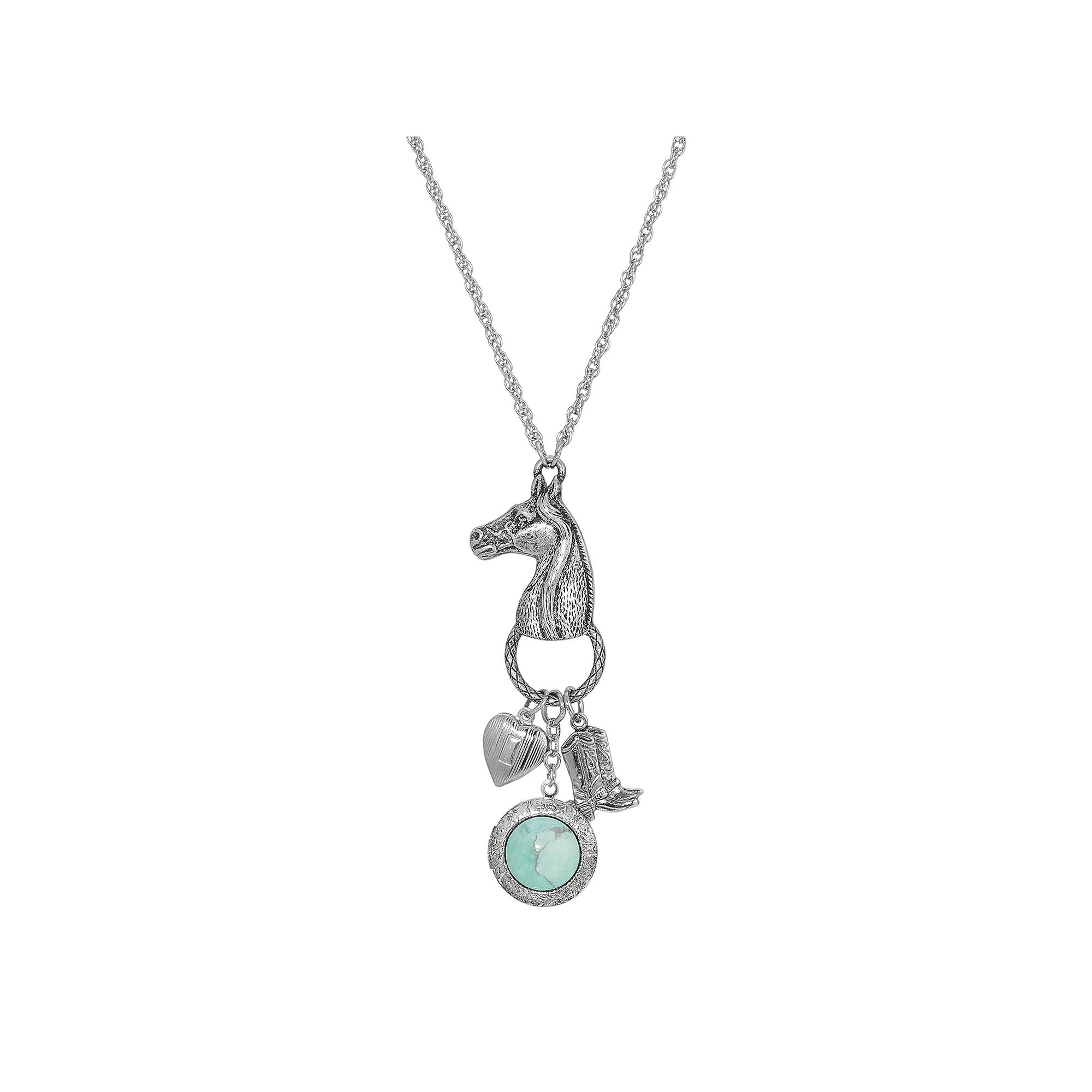 1928 Silver Tone Horse, Simulated Turquoise Medallion, Heart, & Boot Charm Necklace, Womens Product Image