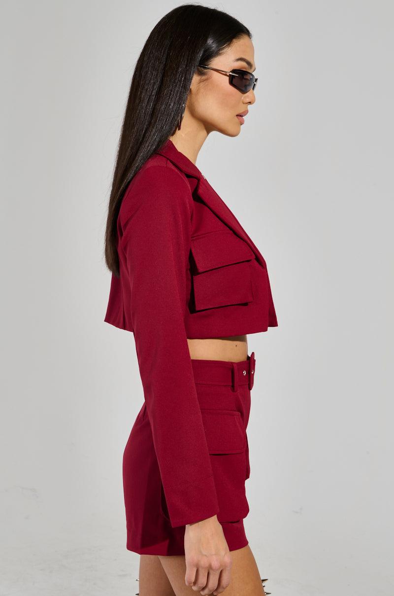 BETTER LUCK CROP BLAZER IN BURGUNDY Product Image
