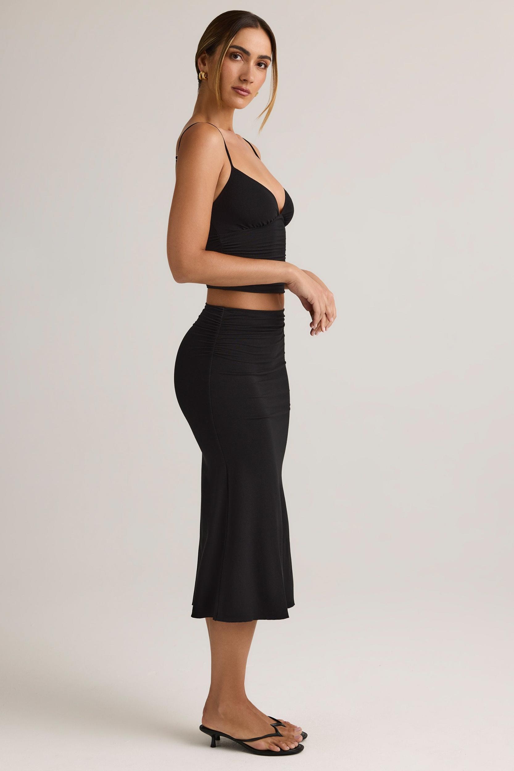 Modal Ruched Mid-Rise Midaxi Skirt in Black Product Image