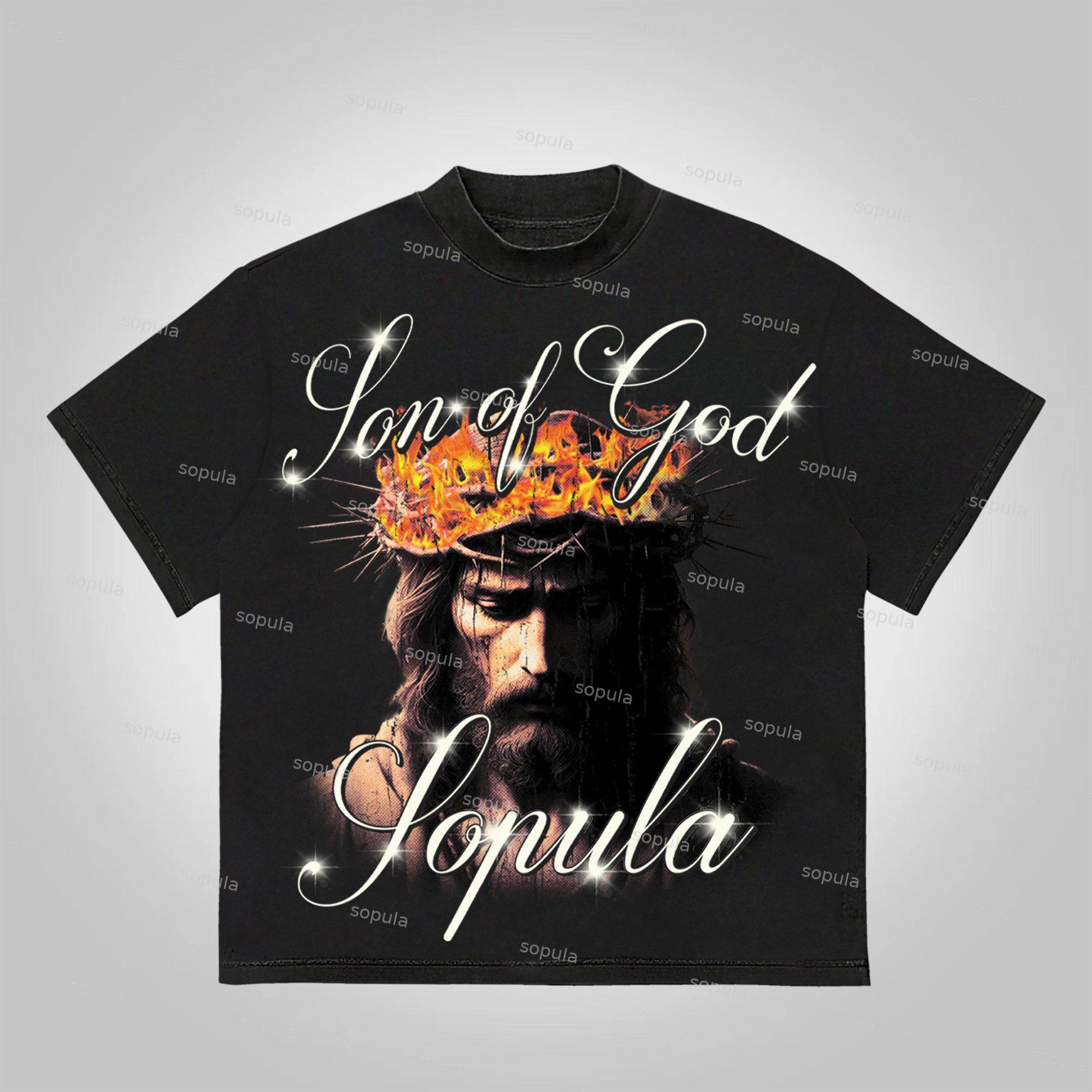 Sopula Flame Jesus Son Of God Vintage Graphics Cotton T-Shirt Product Image