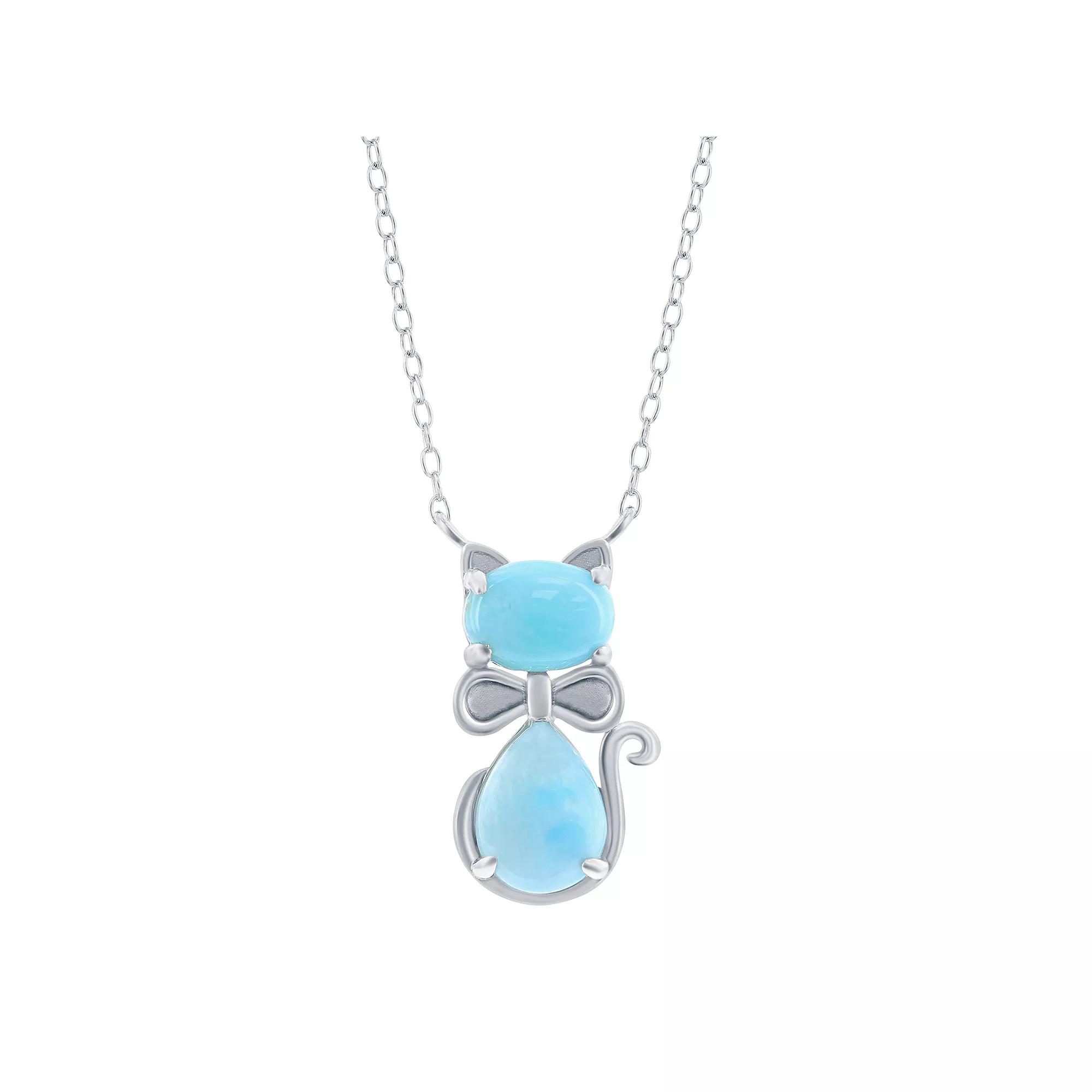 Sterling Silver Genuine Larimar Cat Pendant Necklace, Womens Product Image