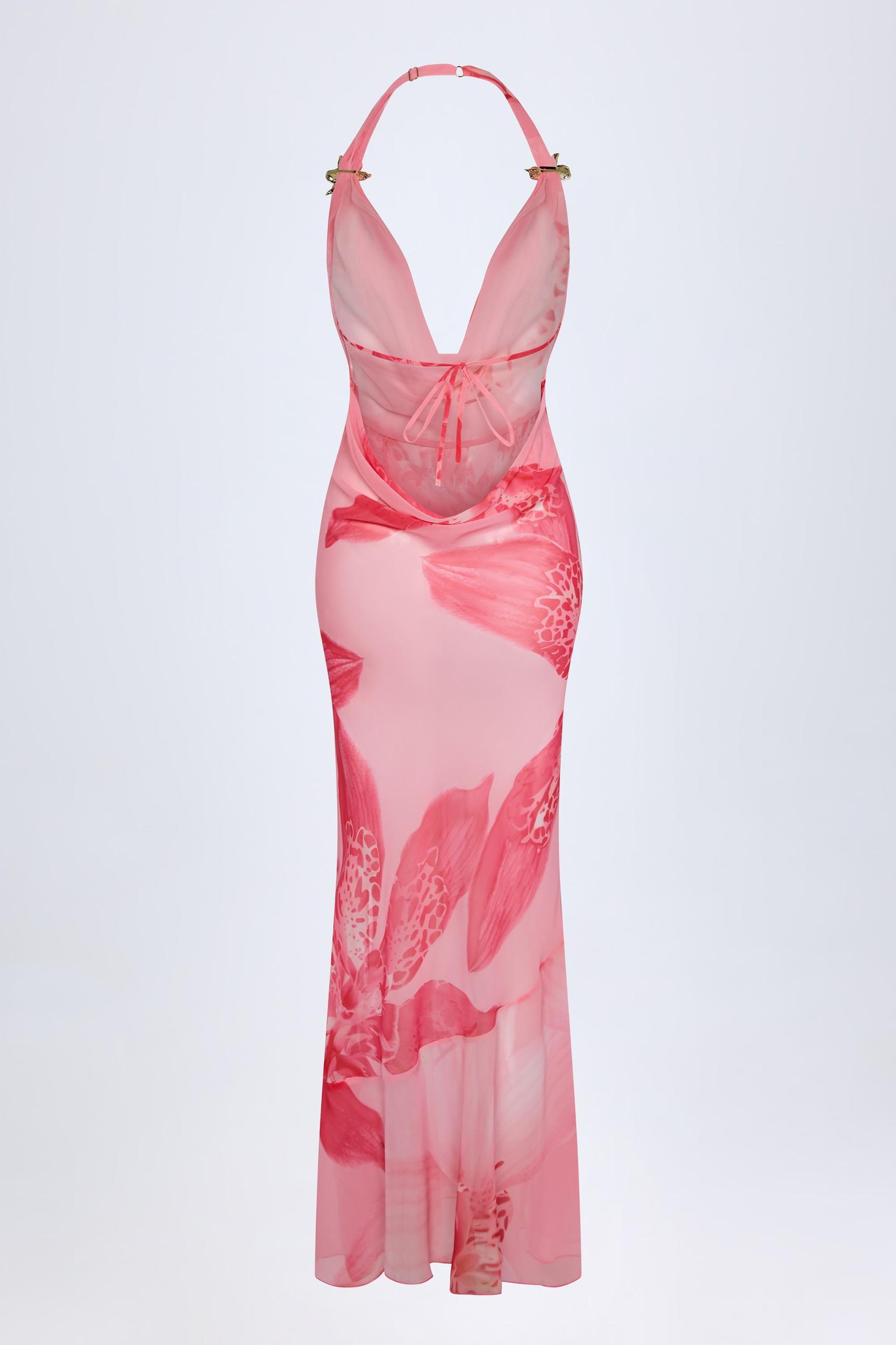 Cowl-Neck Hardware-Detail Maxi Dress in Pink Orchid Print Product Image