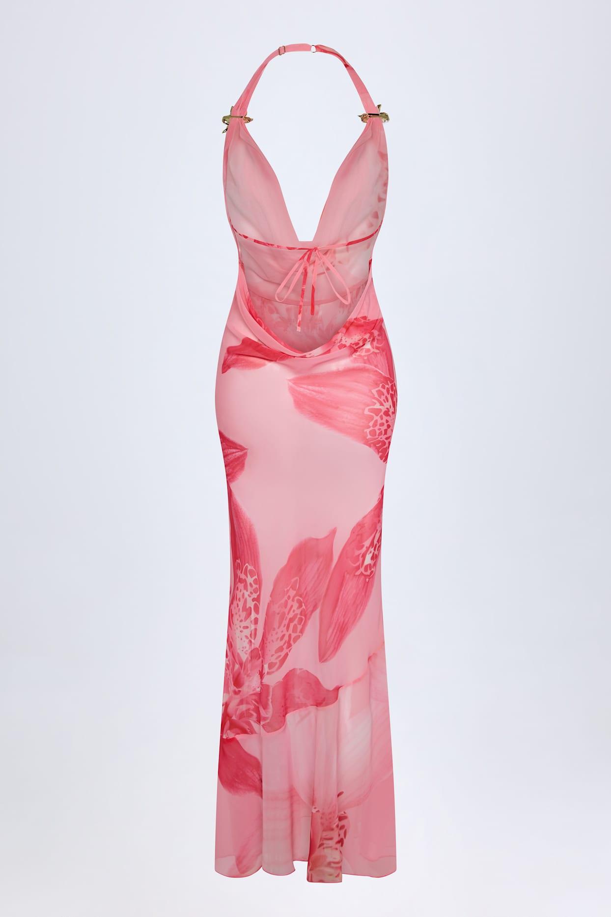 Cowl-Neck Hardware-Detail Maxi Dress in Pink Orchid Print Product Image