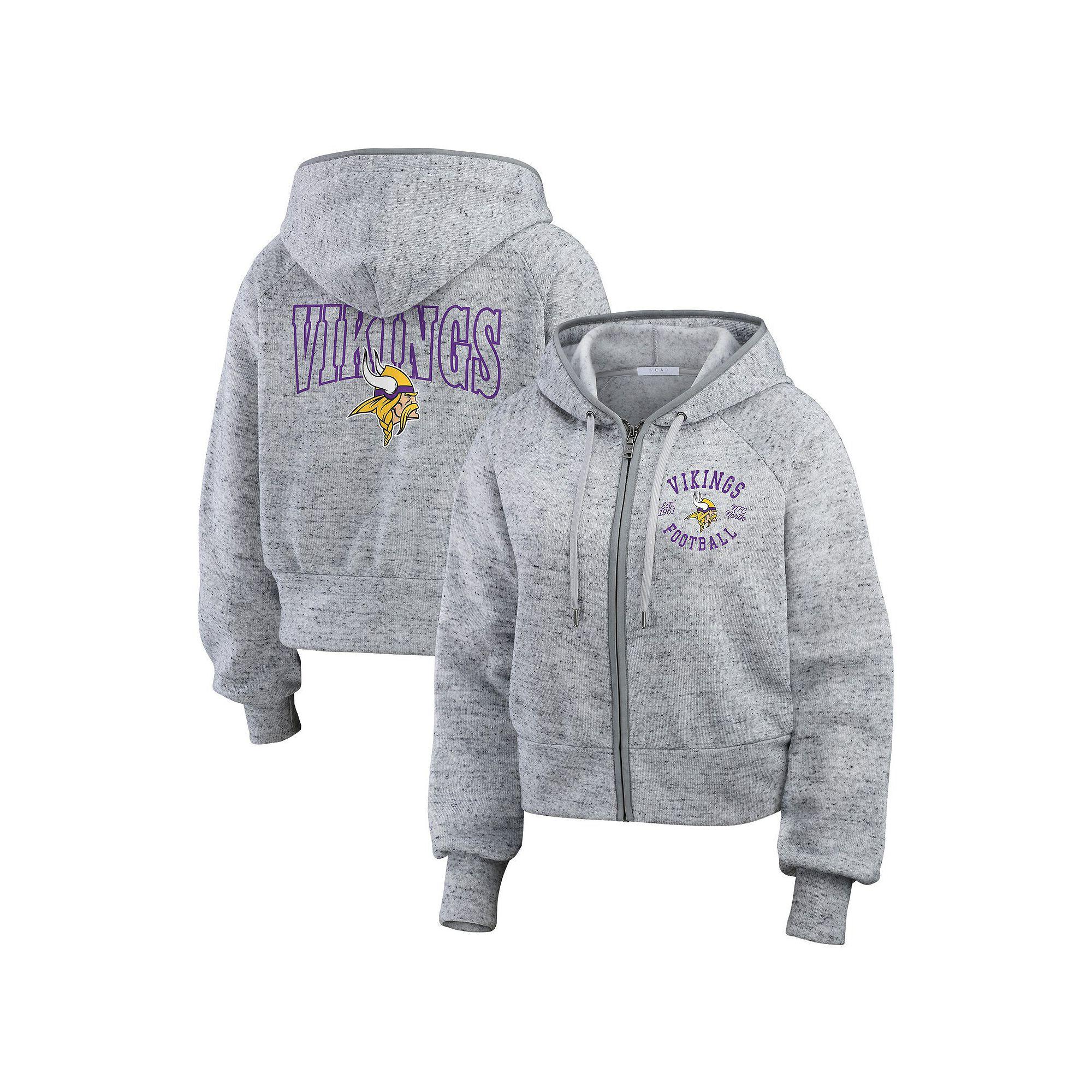 Women's WEAR by Erin Andrews  Heather Gray Minnesota Vikings Speckled Fleece Cropped Full-Zip Hoodie, Size: Small, Grey Product Image