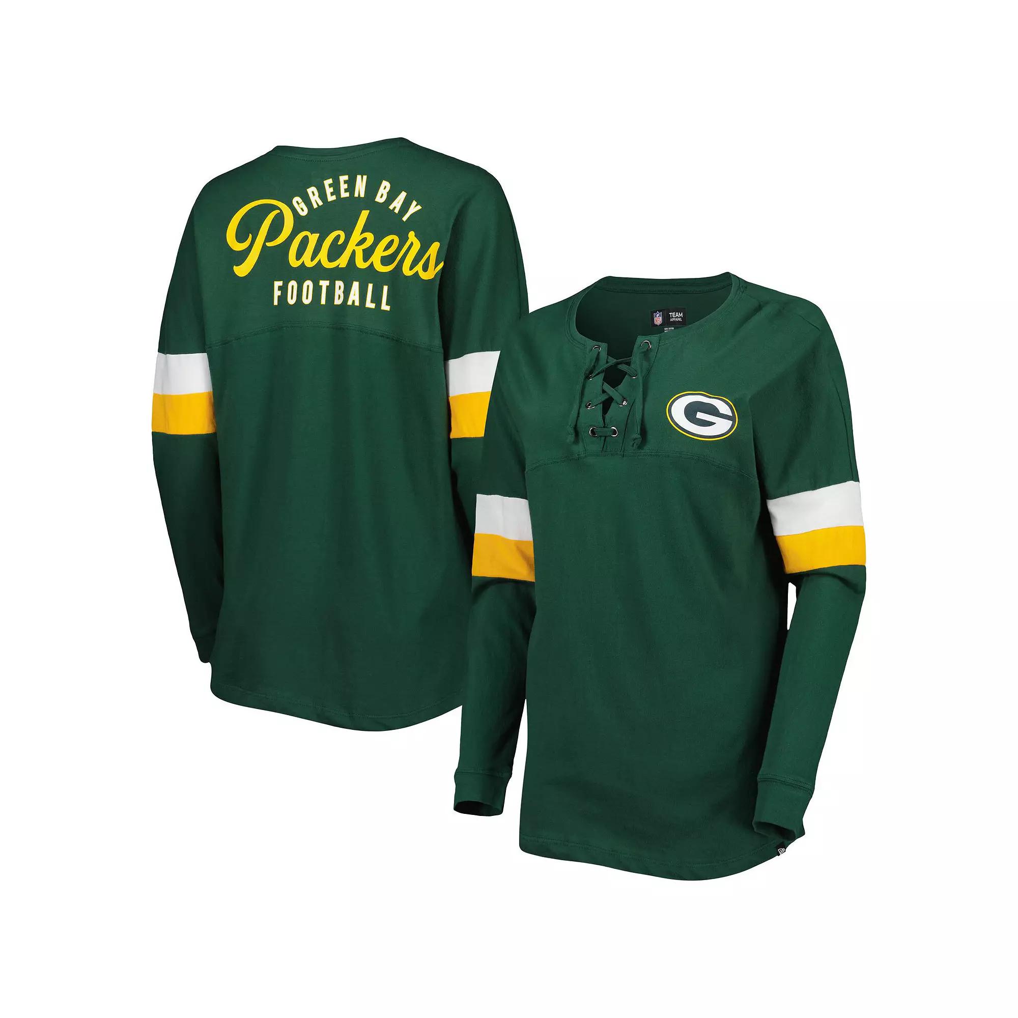 Women's New Era Green Green Bay Packers Athletic Varsity Lightweight Lace-Up Long Sleeve T-Shirt,  Product Image