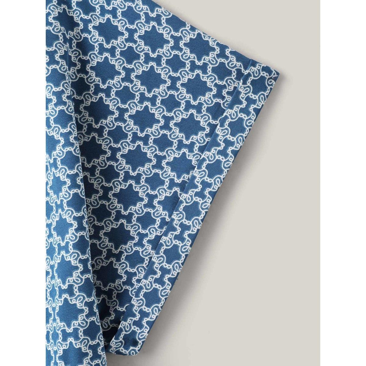 Plus Size Geometric Print Belted Pockets Midi Dress Mediumblue Women Round Neck Short sleeve Curvy BloomChic 26/4X Product Image