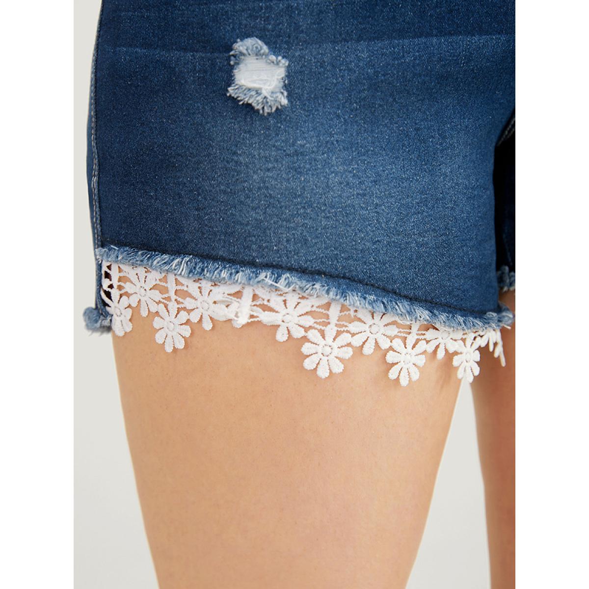 Plus Size Moderately Stretchy Ripped Lace Raw Hem Denim Shorts Women DarkBlue Medium stretch Dailywear Pocket Elegant Denim Shorts BloomChic 10/M Product Image