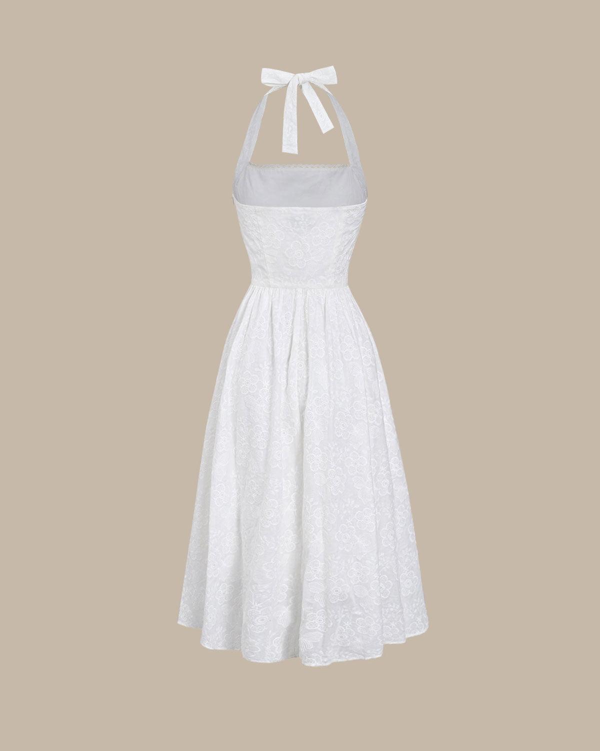 White Embroidery Halter Midi Dress Product Image