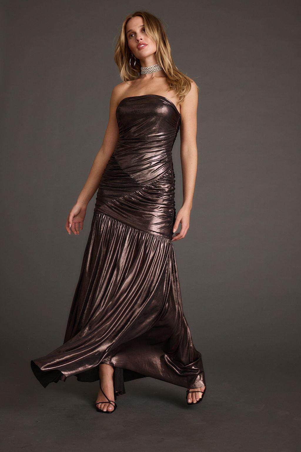 LaBelle Gunmetal Metallic Drop Waist Maxi Dress Product Image