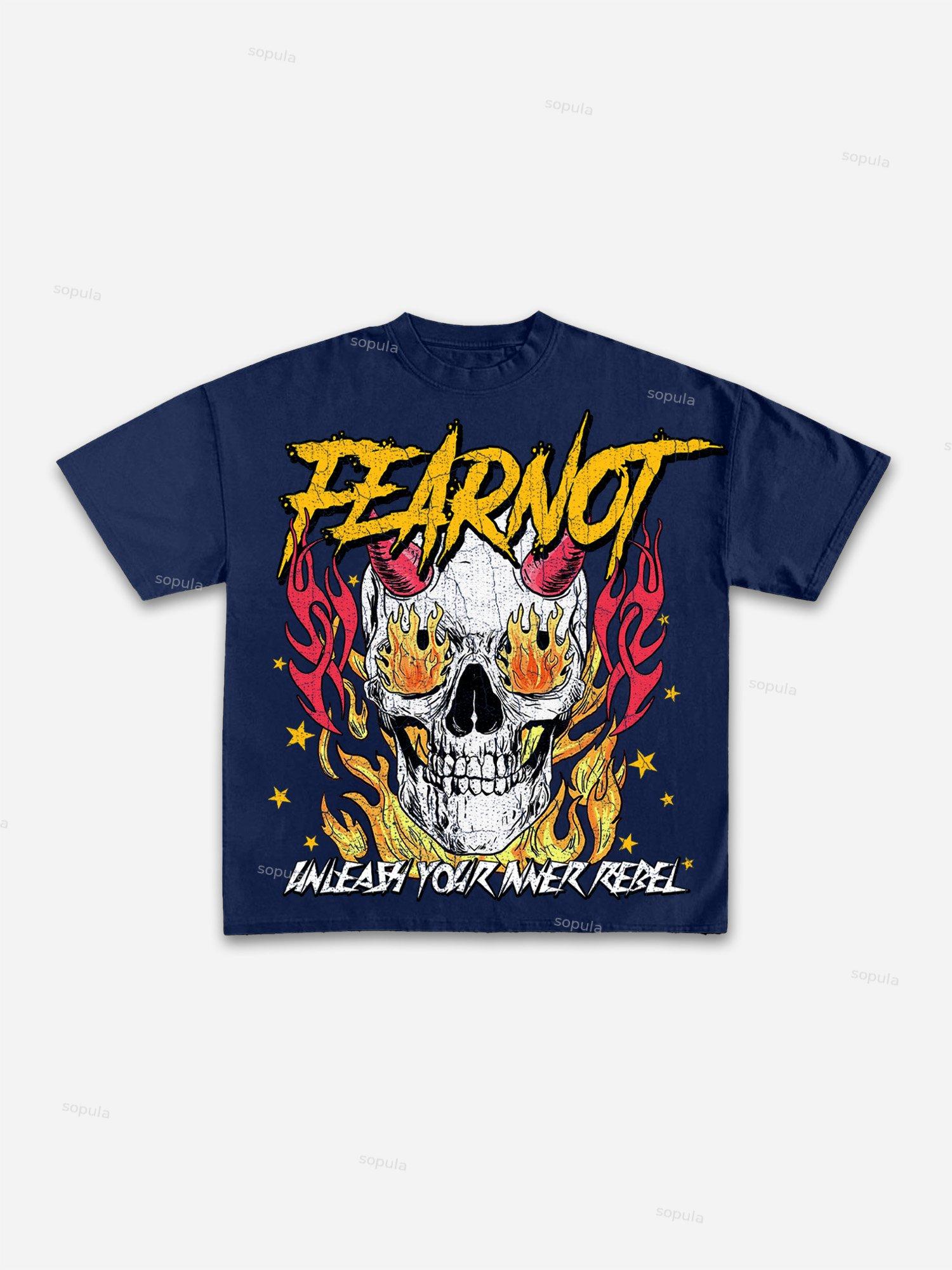 Fear Not Flaming Skull Print Cotton T-shirt Product Image