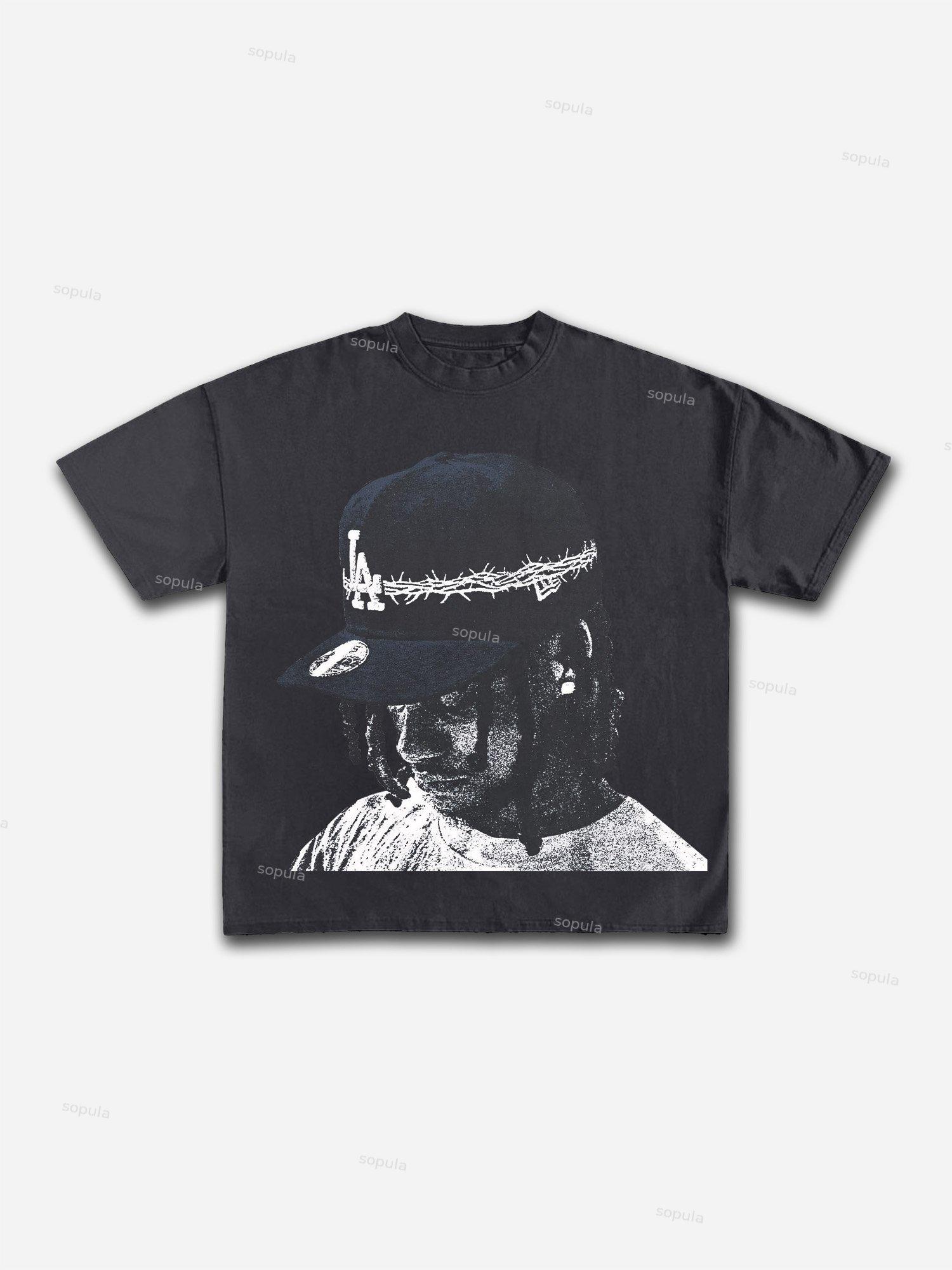 Vintage Street Portrait Graphic Print Cotton T-shirt Product Image