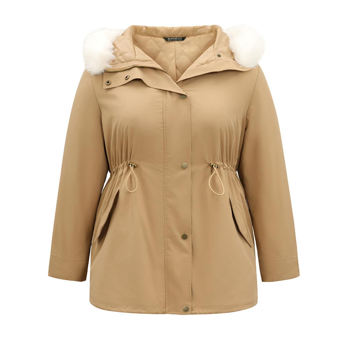 Plus Size Fuzzy Trim Drawstring Pocket Cotton Jackets Women Tan Casual Arc Hem Loose Ladies Dailywear Winter Coats BloomChic 14-16/1X Product Image