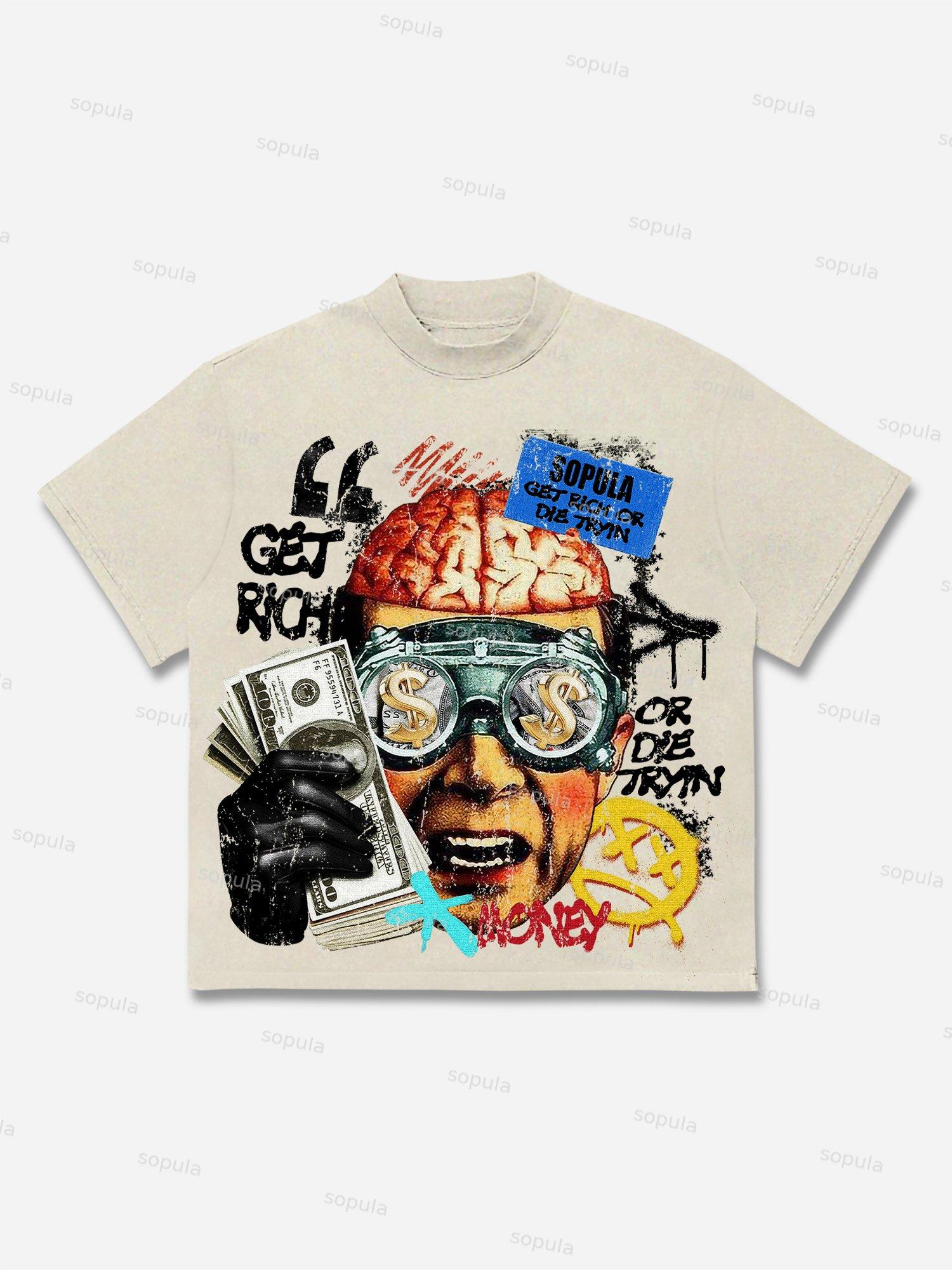 Vintage Get Rich Money Portrait Print Cotton T-shirt Product Image