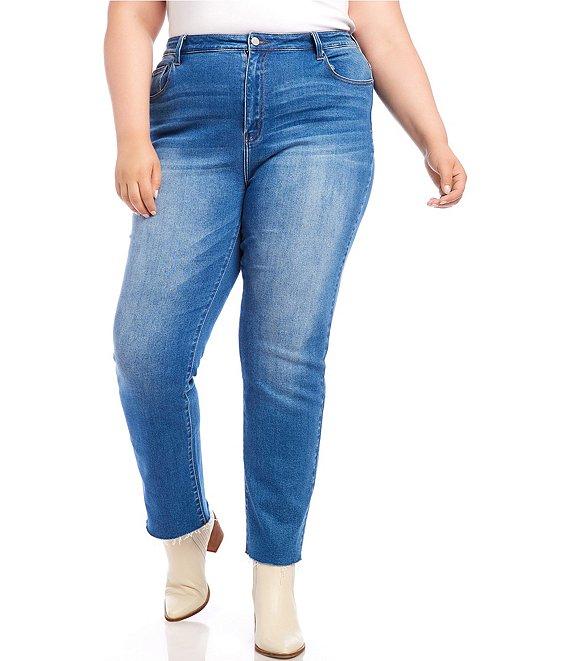 Karen Kane Plus Size High Rise Raw Hem Straight Leg Jeans Product Image