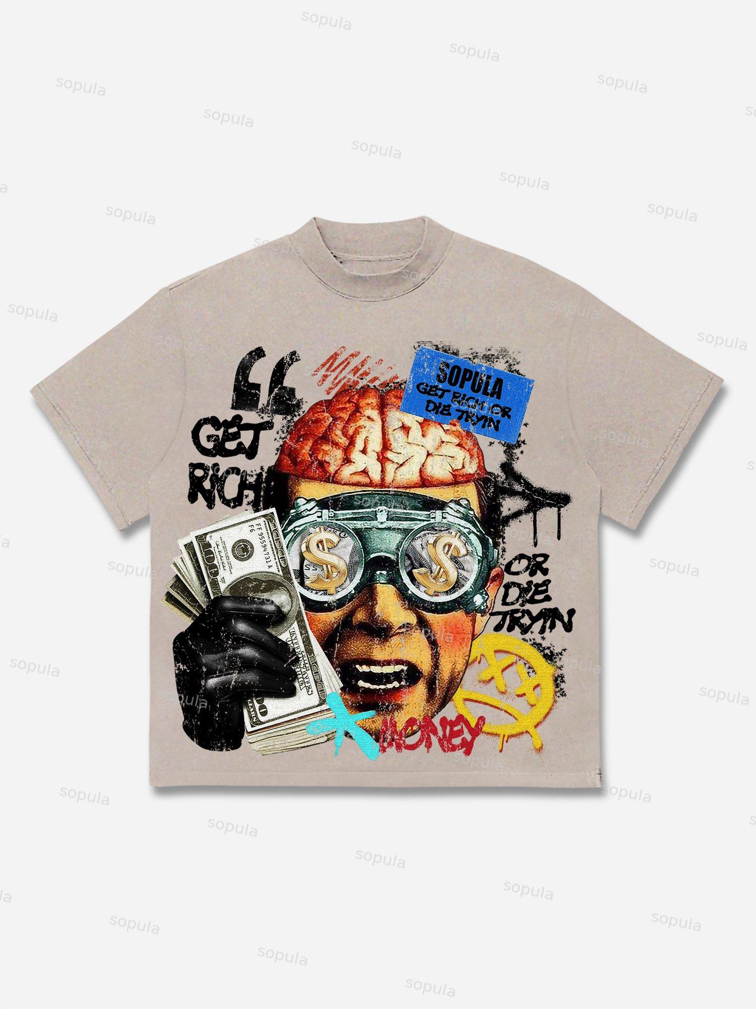 Vintage Get Rich Money Portrait Print Cotton T-shirt Product Image