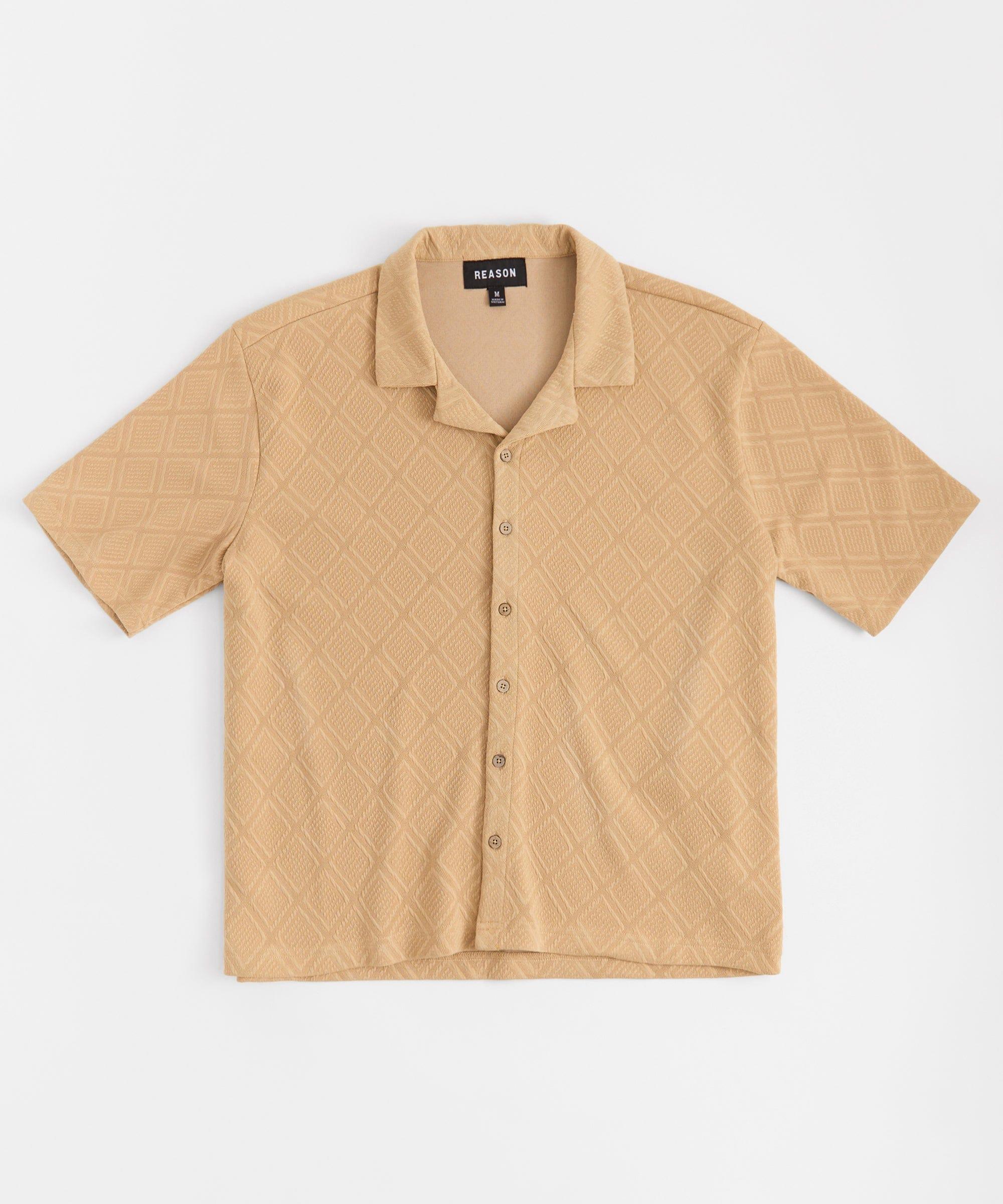 Textured Knit Short Sleeve Button Down Shirt - Taupe Product Image