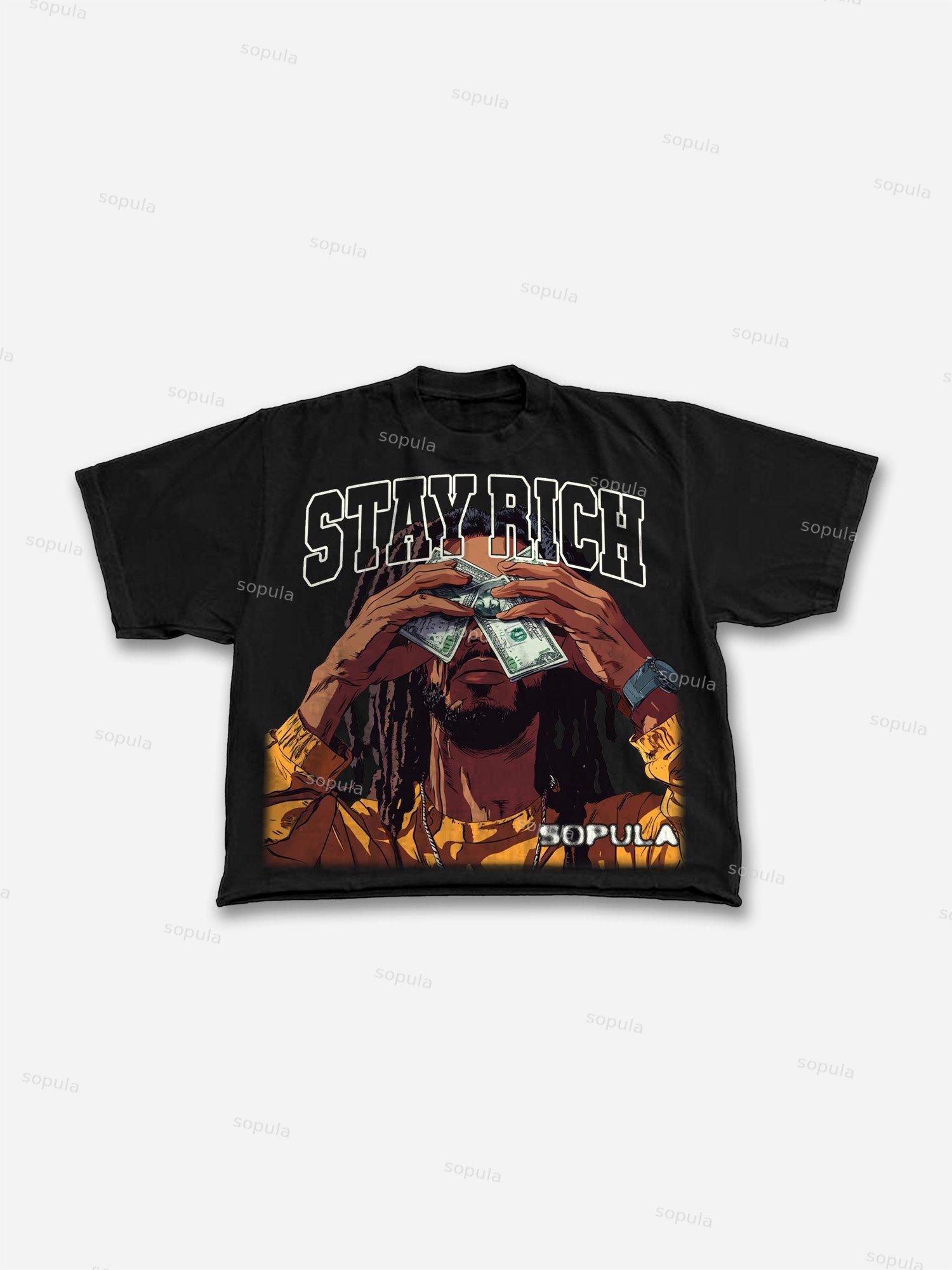 Men's Stay Rich Big Head Cartoon Graphic Cropped T-shirt Product Image