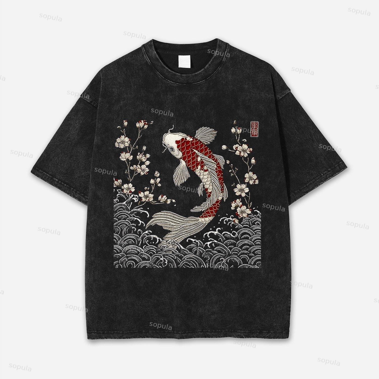 Vintage Sakura And Koi Washed T-shirt Product Image