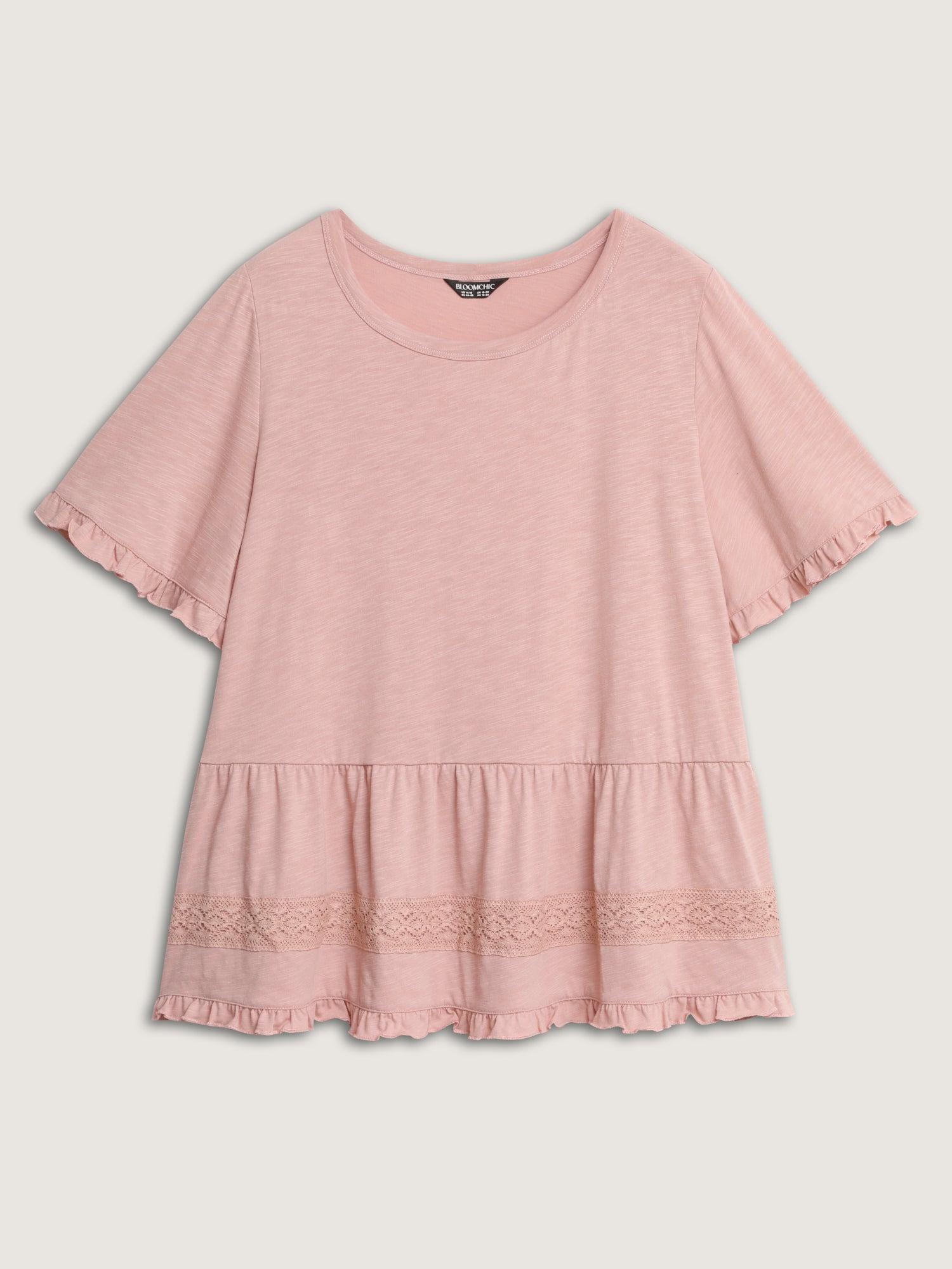 Lace Trim Ruffled Hem Plain Knit Top Female Product Image