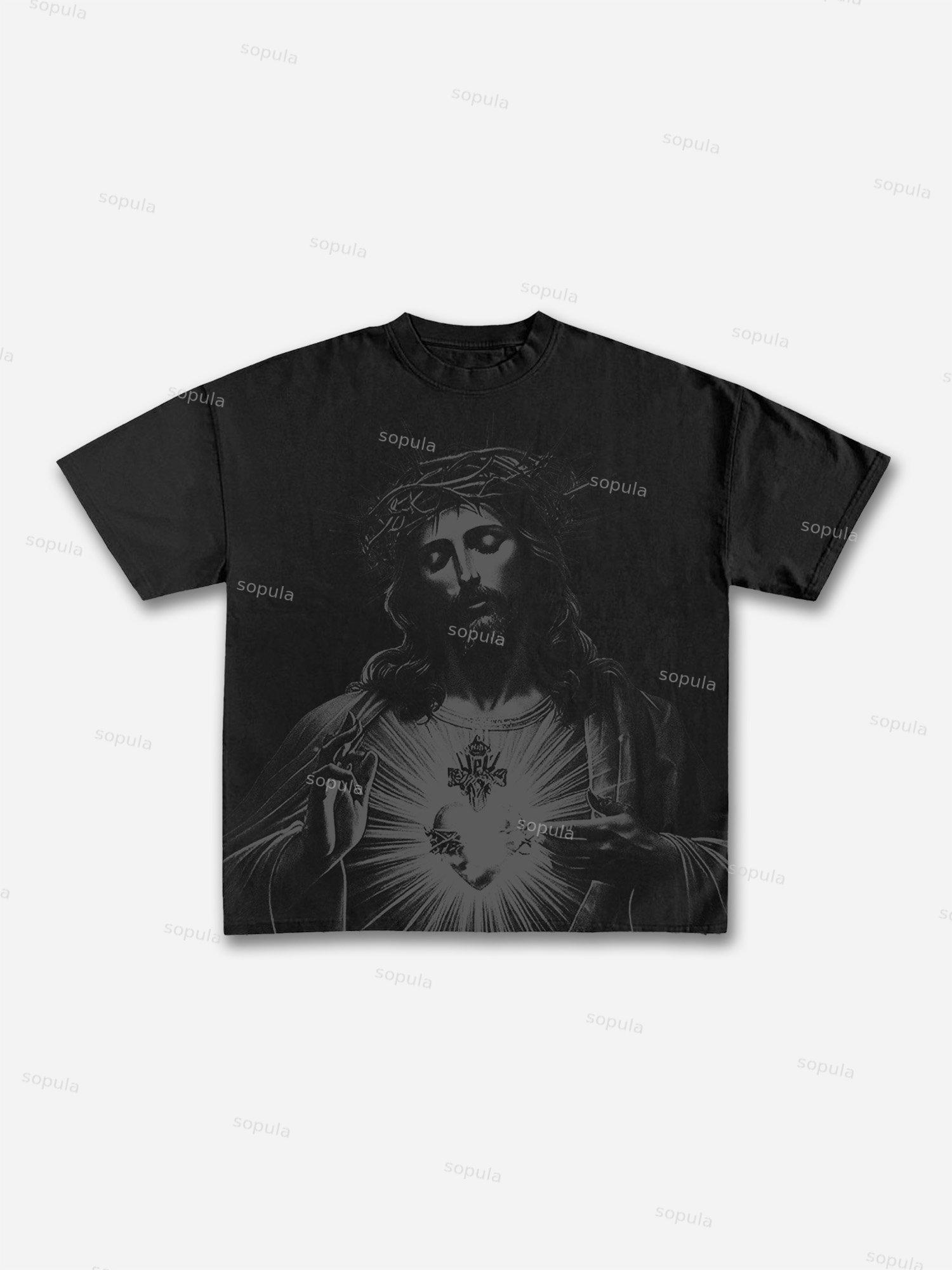 Vintage Jesus Print Round Neck Cotton T-Shirt Product Image