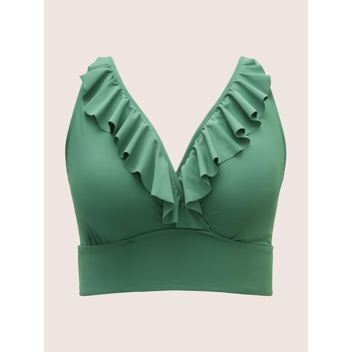 Plus Size Solid Ruffle Surplice Neck Trim Swim Top Women's Swimwear Palemauve Resort Ruffles High stretch Skinny Overlap Collar Curve Swim Tops BloomChic 30/6X Product Image