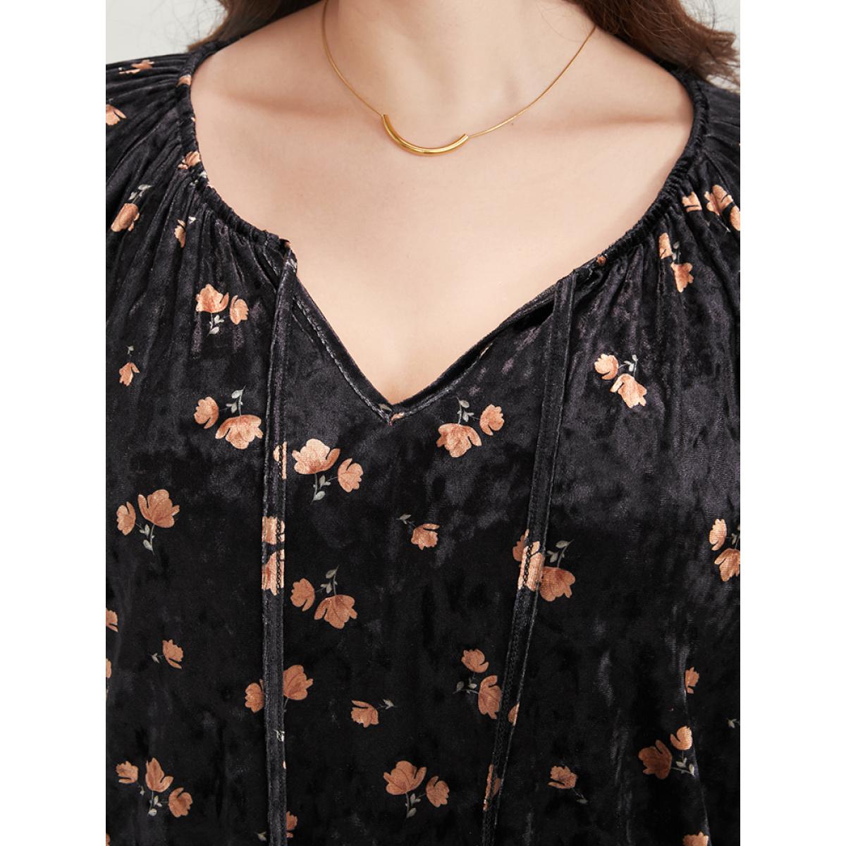 Plus Size Black Floral Lantern Sleeve Tassels Tie Neck Velvet Blouse Women Party Long Sleeve Tie Neck Going out Blouses BloomChic 10/M Product Image