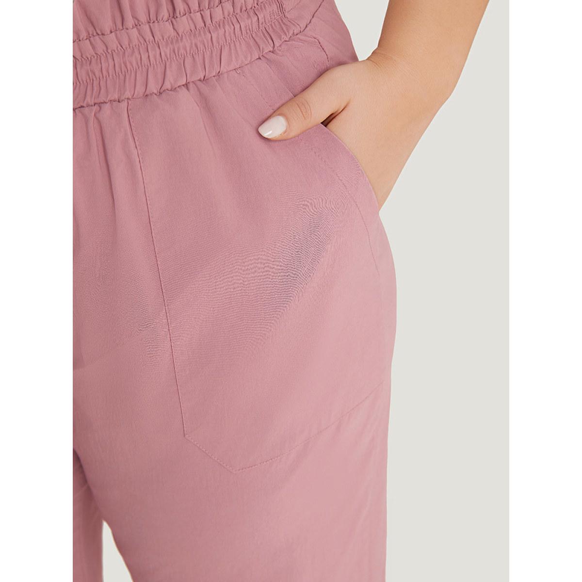 Plus Size Plain Paperbag Waist Drawstring Hem Slant Pocket Pants Women Rouge Casual High Rise Dailywear Pants BloomChic 30/6X Product Image