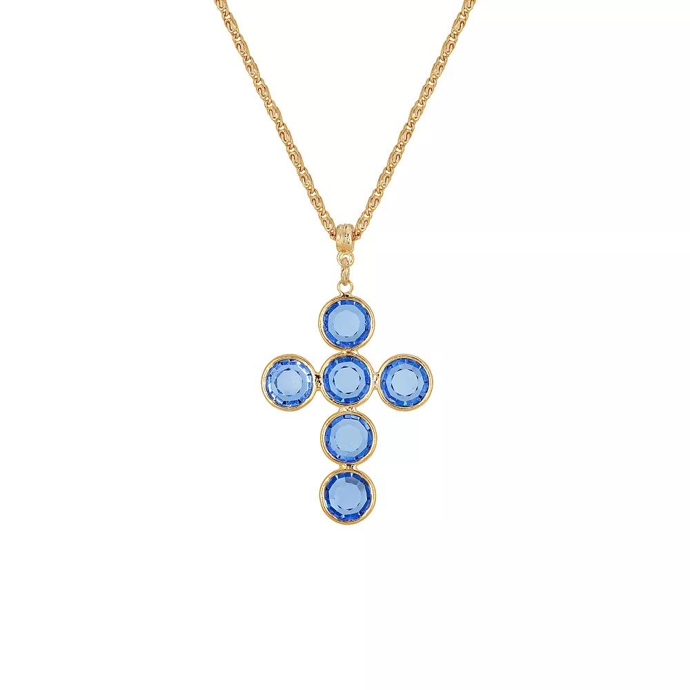 1928 Gold Tone Round Crystal Cross Pendant Necklace, Women's, Blue Product Image
