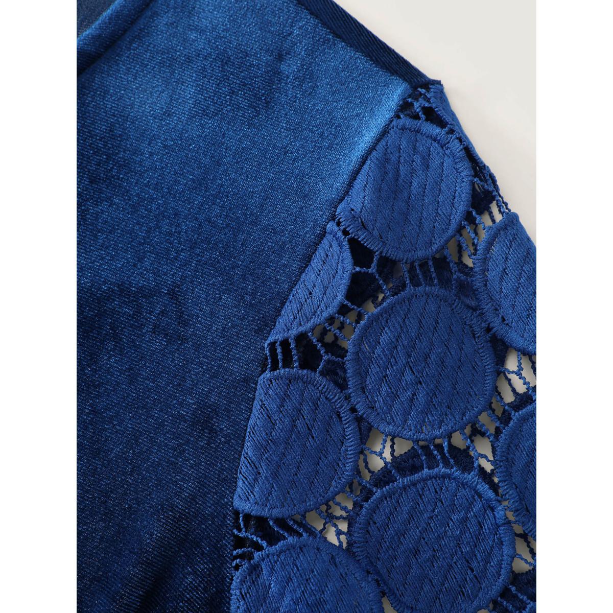Plus Size Indigo Velvet Sheer Lace Sleeve Flared Blouse Women Romantic Long Sleeve Round Neck Elegant Blouses BloomChic 30/6X Product Image
